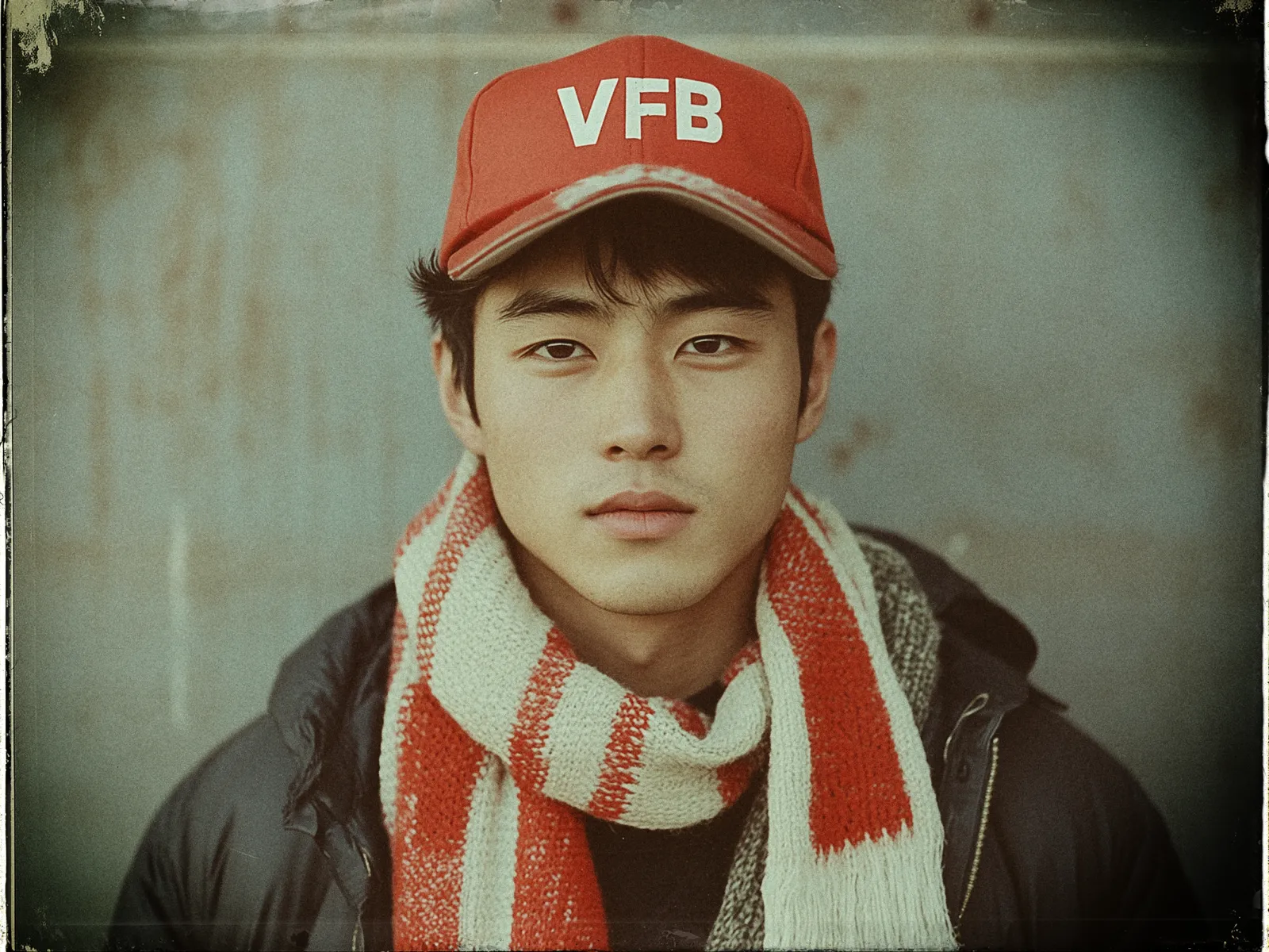 A person is facing the camera, wearing a red baseball cap with the letters VFB in white. The individual has short dark hair peeking from the cap. They are also wearing a thick red and white striped scarf wrapped around their neck, along with a dark-colored coat. The background is a muted, textured surface, suggesting an outdoor setting. The overall image has a vintage or retro color tone, giving it an aged appearance.