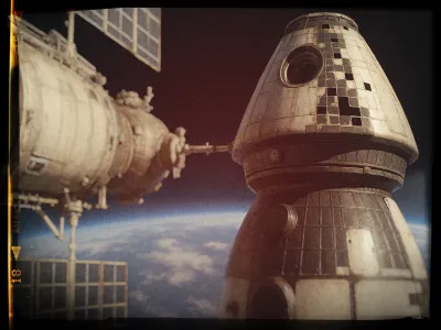 The image shows a close-up view of two spacecraft in orbit above Earth, captured in a vintage style with a warm tint and grainy texture. The foreground features a conical spaceship with visible panel lines, small circular windows, and a pattern of white and black tiles on its surface. In the background, part of another spacecraft with cylindrical modules and solar panels is visible. The curved blue-and-white expanse of Earth forms the backdrop, stretching across the horizon, partially obscured by the shadowed bottom edge of the image. The scene evokes a sense of retro space exploration.