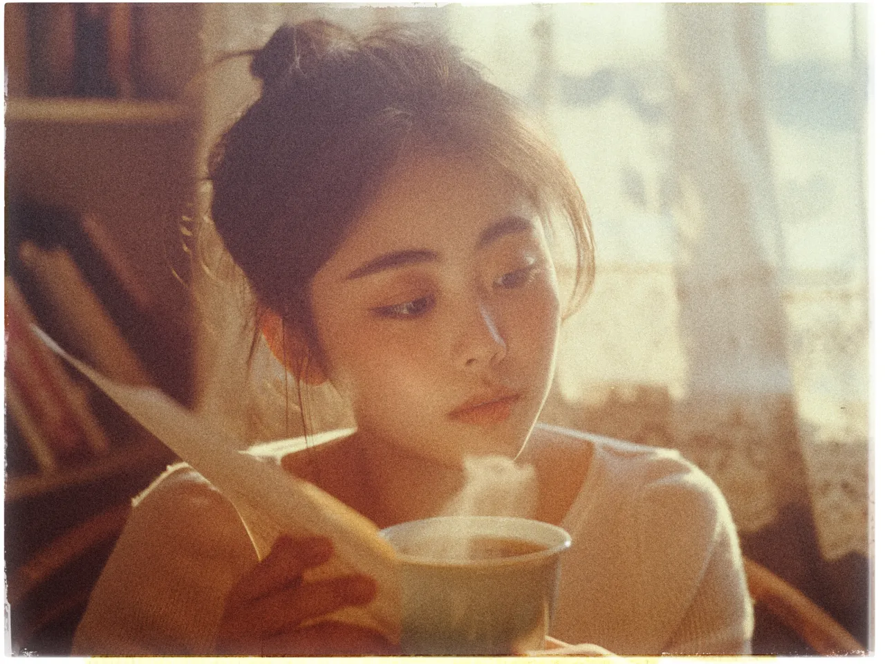A young woman with dark hair tied up in a bun is sitting indoors, holding a piece of paper and a steaming cup. The lighting is warm and soft, suggesting early morning or afternoon. She appears to be looking at the paper thoughtfully. In the background, there is a window with sheer curtains allowing light to filter through, and a glimpse of shelves with books. The overall mood is cozy and contemplative.