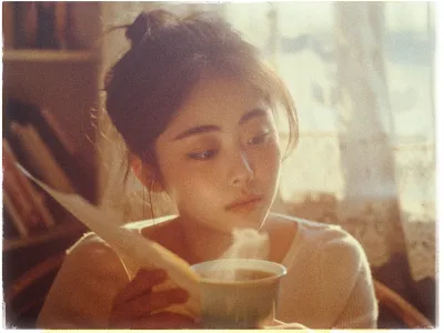 A young woman with dark hair tied up in a bun is sitting indoors, holding a piece of paper and a steaming cup. The lighting is warm and soft, suggesting early morning or afternoon. She appears to be looking at the paper thoughtfully. In the background, there is a window with sheer curtains allowing light to filter through, and a glimpse of shelves with books. The overall mood is cozy and contemplative.