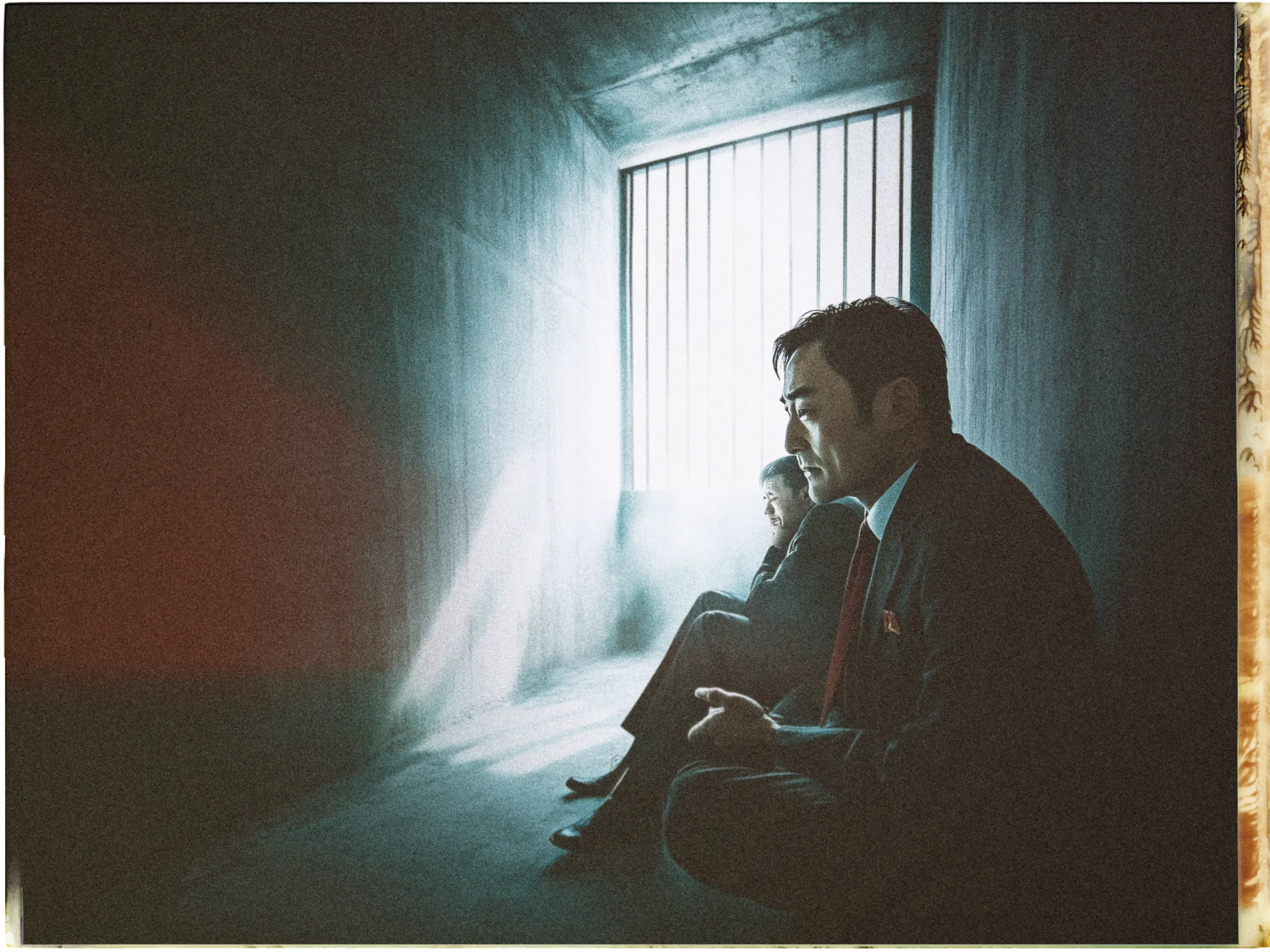 The image shows two men sitting on the floor of a dimly lit room with a barred window. Both men are wearing suits. The man in the foreground is sitting with his knees drawn up, looking contemplative, while holding a cigarette. The light from the window casts strong shadows across the room's concrete walls, creating a dramatic and moody atmosphere. The second man sits further back, partially obscured by shadows, and appears to be staring towards the window. The overall tone of the image is somber and introspective.