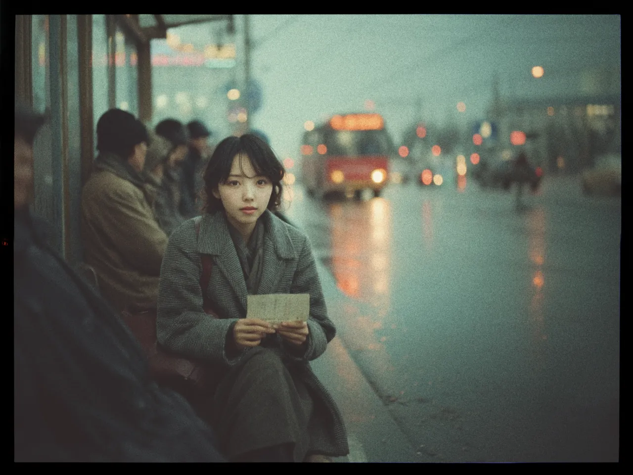 The image depicts a moody evening scene at a bus stop, where a young woman is seated, holding a piece of paper, perhaps a letter or ticket. She wears a long, grey overcoat and a subtle expression. The street is wet, suggesting recent rain, with reflections of city lights visible on the pavement. Several other people are sitting on the bench, dressed in dark winter clothing, and a blurred red bus approaches in the background, its headlights creating bokeh effects in the dimly lit atmosphere. The overall tones are soft and muted, with a vintage, cinematic quality.