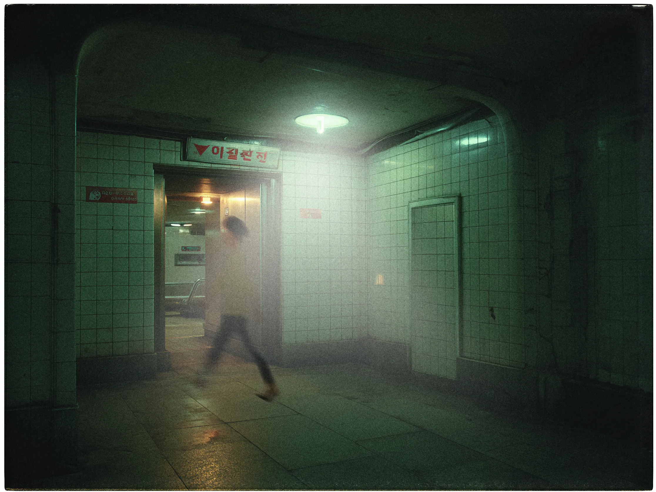 A dimly lit, tiled underpass with a moody atmosphere. The walls and ceiling are covered with white square tiles, some showing signs of wear. A person wearing dark pants and a light shirt is captured in motion, appearing blurred as they walk through the passageway. A glowing, circular light fixture hangs from the ceiling. In the background, a doorway leads to another section, with signage in a foreign script above it. The overall scene is enveloped in a greenish hue, enhancing the mysterious and somewhat eerie feeling.