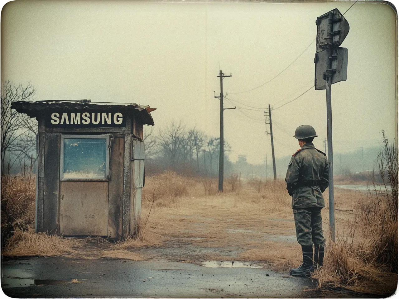 The image depicts a solitary soldier standing near a small, weathered guard booth labeled SAMSUNG. The booth, made of metal and wood, appears old and rustic, with patches of rust and a small window. The soldier, wearing a military uniform and helmet, has his back to the viewer and is standing at attention beside a worn, tilted signpost. The surrounding landscape is bleak, with dry grass and barren trees, creating a desolate and overcast atmosphere. An empty road runs alongside the scene, with telephone poles stretching into the distance under a gray sky.