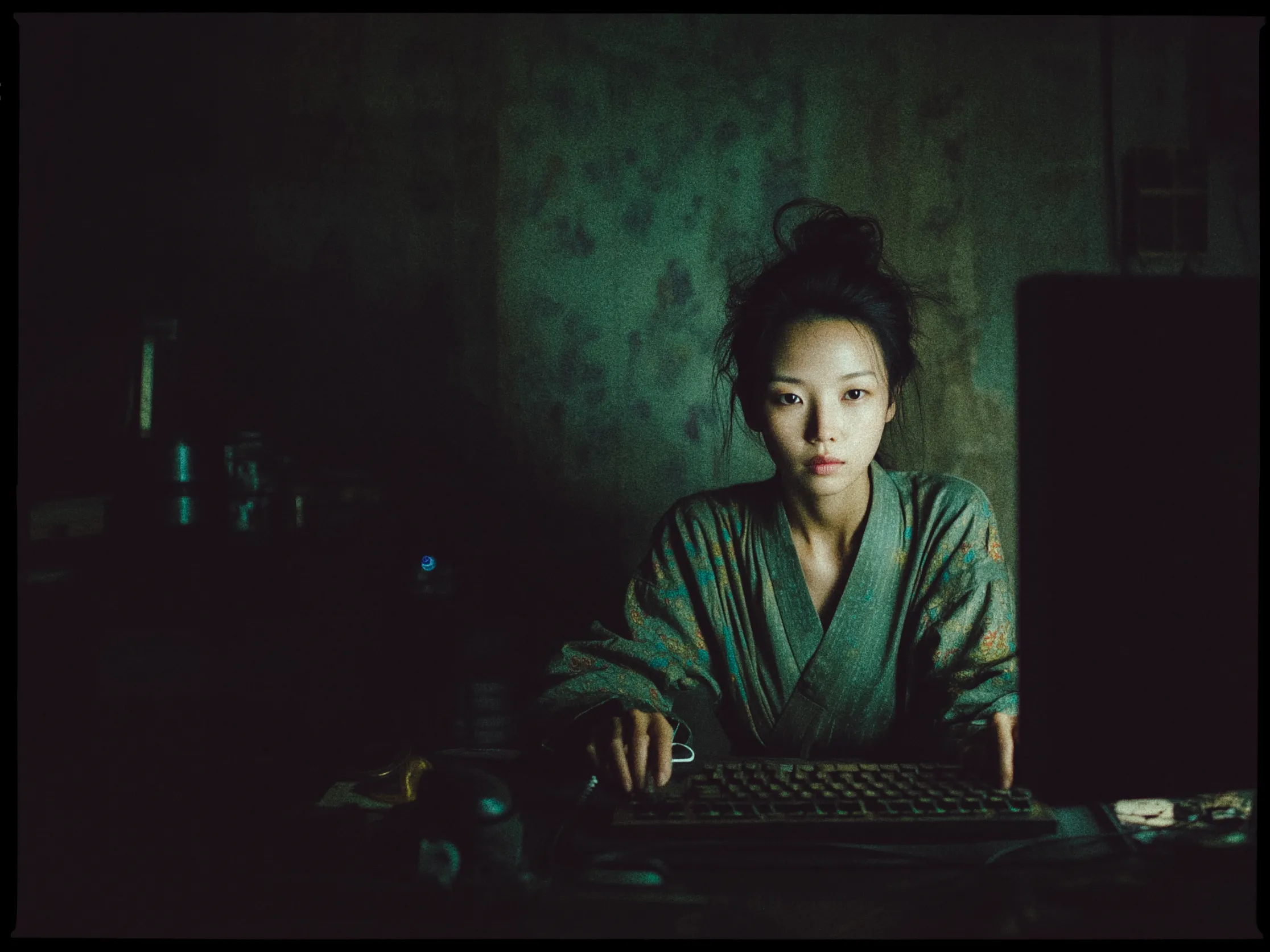 A person is seated at a desk, illuminated by the glow of a computer screen in a dimly lit room with textured, faded green walls. They are facing forward with their hands on a keyboard, wearing a green patterned robe. Their hair is tied up casually, and they have a focused, calm expression. The background is dark, with a few indistinct objects and shapes, suggesting a personal or work environment.