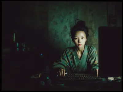 A person is seated at a desk, illuminated by the glow of a computer screen in a dimly lit room with textured, faded green walls. They are facing forward with their hands on a keyboard, wearing a green patterned robe. Their hair is tied up casually, and they have a focused, calm expression. The background is dark, with a few indistinct objects and shapes, suggesting a personal or work environment.
