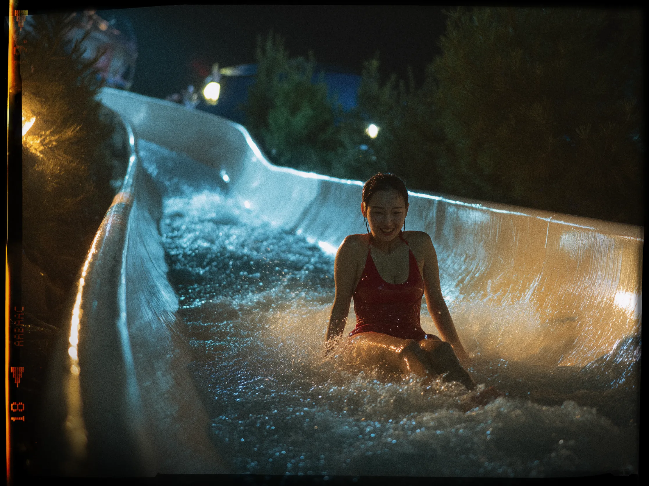 A person in a red swimsuit is joyfully sliding down a water slide at night. The slide is illuminated by soft lighting, creating reflections on the flowing water. The scene is surrounded by trees and a dark sky, adding a sense of adventure and excitement to the nighttime setting. The person's expression conveys a mix of enjoyment and thrill.