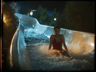 A person in a red swimsuit is joyfully sliding down a water slide at night. The slide is illuminated by soft lighting, creating reflections on the flowing water. The scene is surrounded by trees and a dark sky, adding a sense of adventure and excitement to the nighttime setting. The person's expression conveys a mix of enjoyment and thrill.