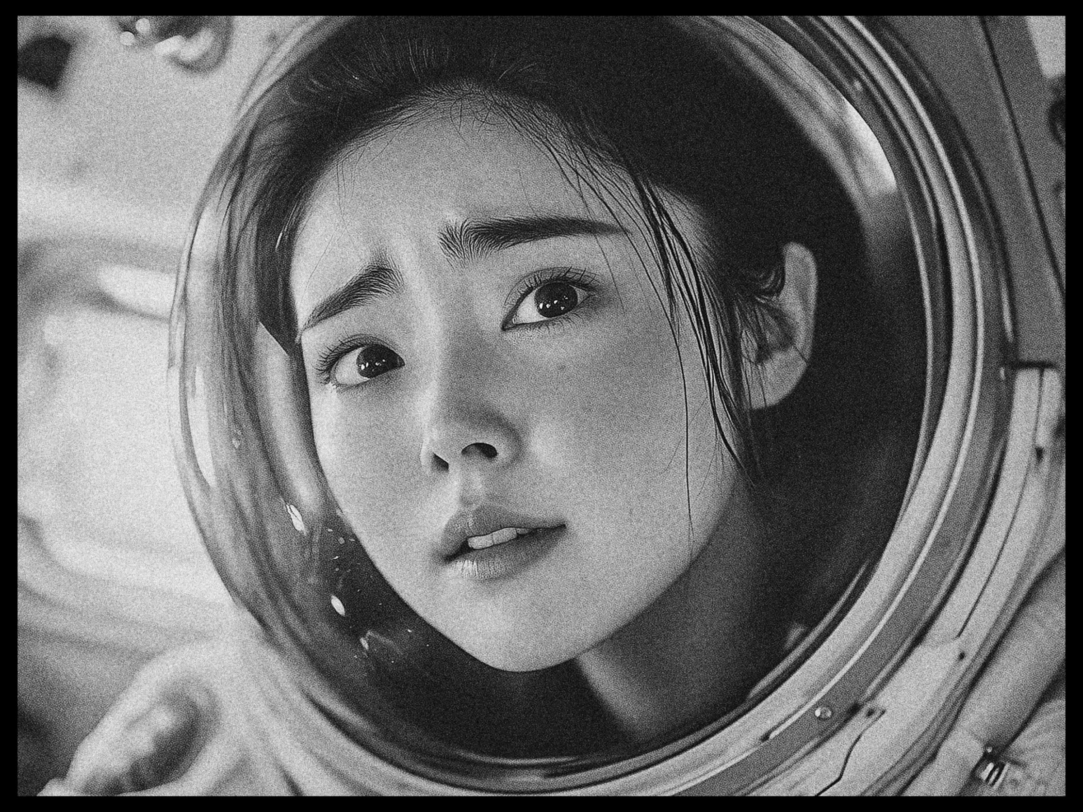 The image is a black and white close-up of a person inside a space helmet. The person's face is visible through the helmet's visor, with an expression that appears thoughtful or concerned. The lighting highlights the smooth contours of their face, and some loose strands of hair can be seen inside the helmet. The space suit is detailed, showing bolts and a sturdy structure, indicative of a robust design. The background is slightly out of focus, emphasizing the person’s expression and the intricate details of the helmet.