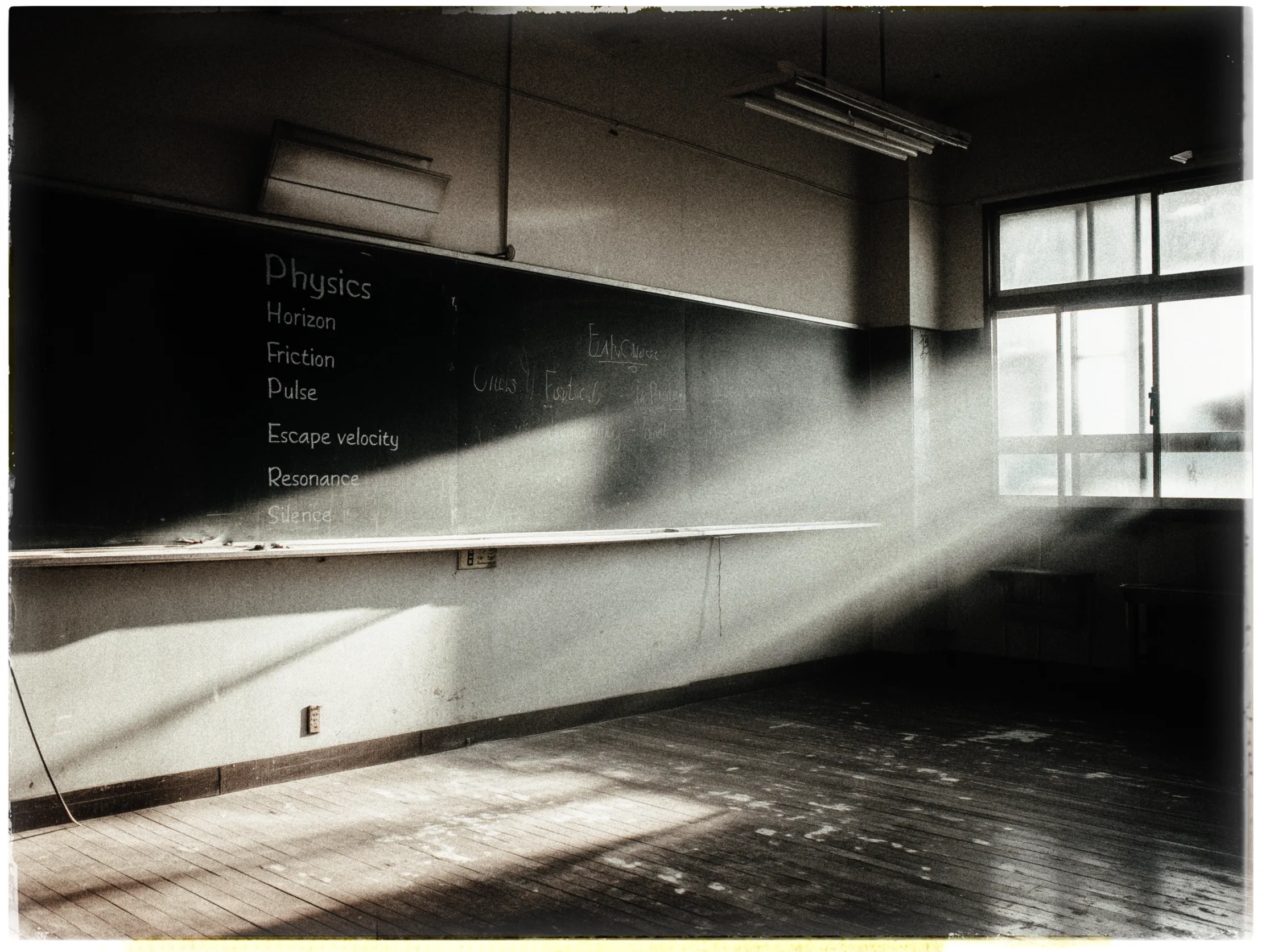A dimly lit classroom with a large blackboard covering most of the wall on the left. The blackboard has the word Physics at the top, followed by a list of terms: Horizon, Friction, Pulse, Escape Velocity, Resonance, and Silence. To the right of these terms, faint writings are visible. A window on the right allows beams of sunlight to stream in, casting shadows on the wooden floor, which shows signs of wear. The light highlights dust in the air, adding a nostalgic, almost abandoned feel to the room. Ceiling lights are visible but unlit, and the overall atmosphere is quiet and contemplative.