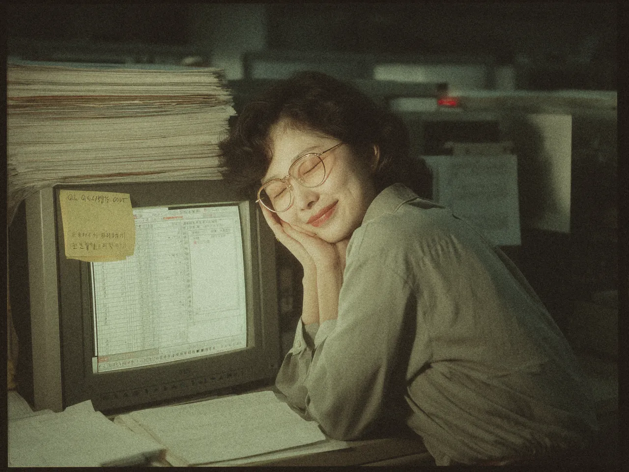 A person with short, wavy hair and glasses is resting their head on their hands, appearing peaceful and sleepy, next to a vintage CRT computer monitor. The screen displays text and numbers, indicating a spreadsheet or data entry program. A thick pile of papers is stacked on top of the monitor, with a yellow sticky note attached. The lighting is dim and the image has a nostalgic, vintage feel, evoking an office environment from the past.