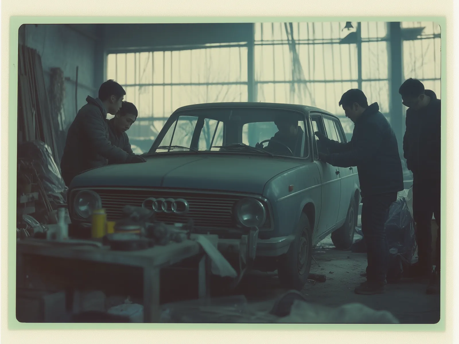 The image depicts four people gathered around an old car in a dimly lit garage. The car appears to have an Audi logo on the front grille. Two individuals stand on the left side of the car, with one leaning over the hood, while another person on the right seems to be examining the passenger side. A fourth person is inside the car, possibly in the driver’s seat. The garage has large windows in the background, allowing natural light to filter in, creating a moody atmosphere. Various tools and auto parts are scattered across a workbench in the foreground.