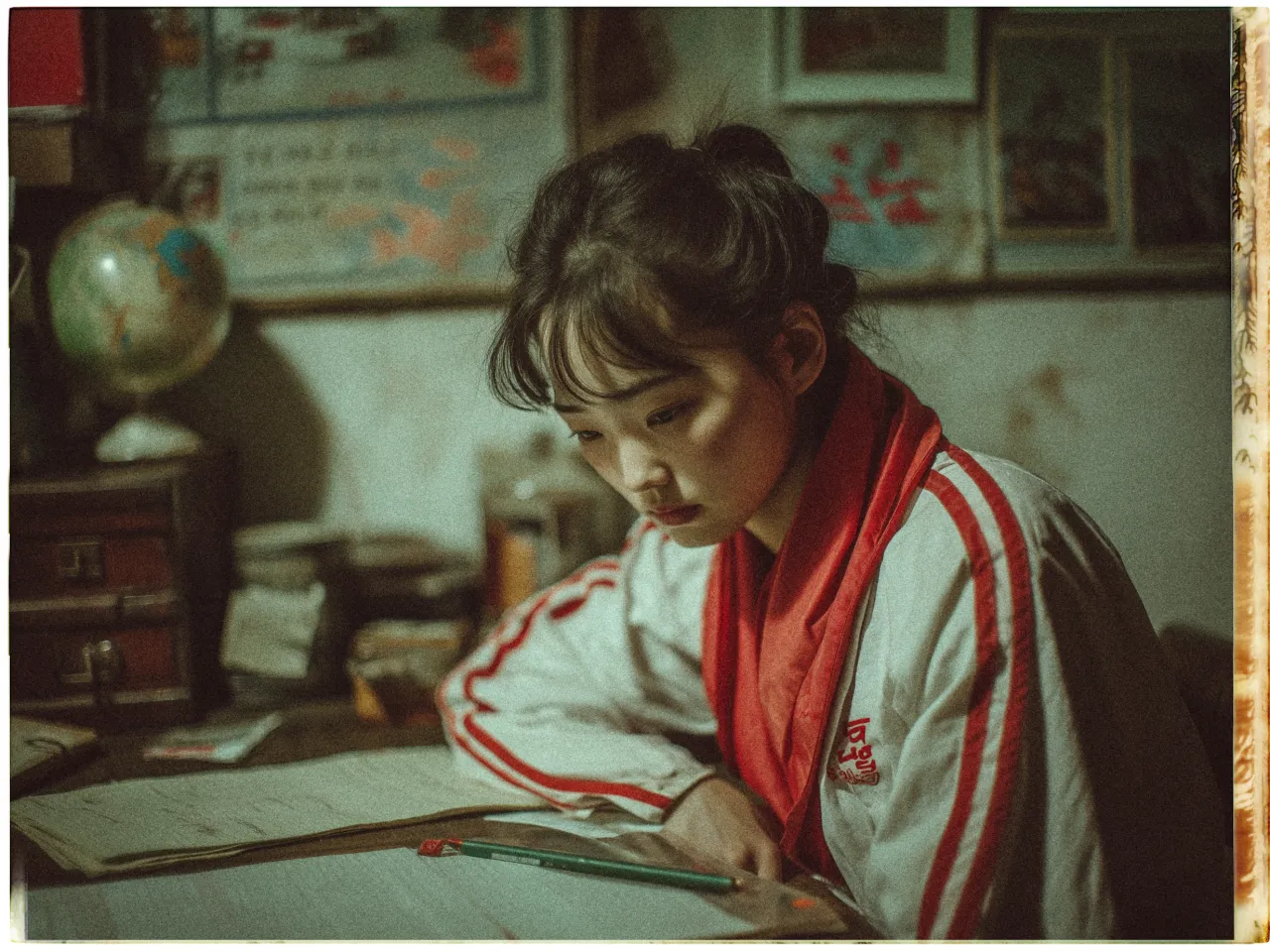 A young woman sits at a cluttered desk, focused intently on her work. She wears a white jacket with red stripes and a red scarf. Her dark hair is tied up, and she appears to be studying papers spread out before her. A pencil lies on the table. In the background, a globe and various vintage posters can be seen on the wall, contributing to a nostalgic, vintage atmosphere. The overall lighting is dim and warm, casting soft shadows around the room.