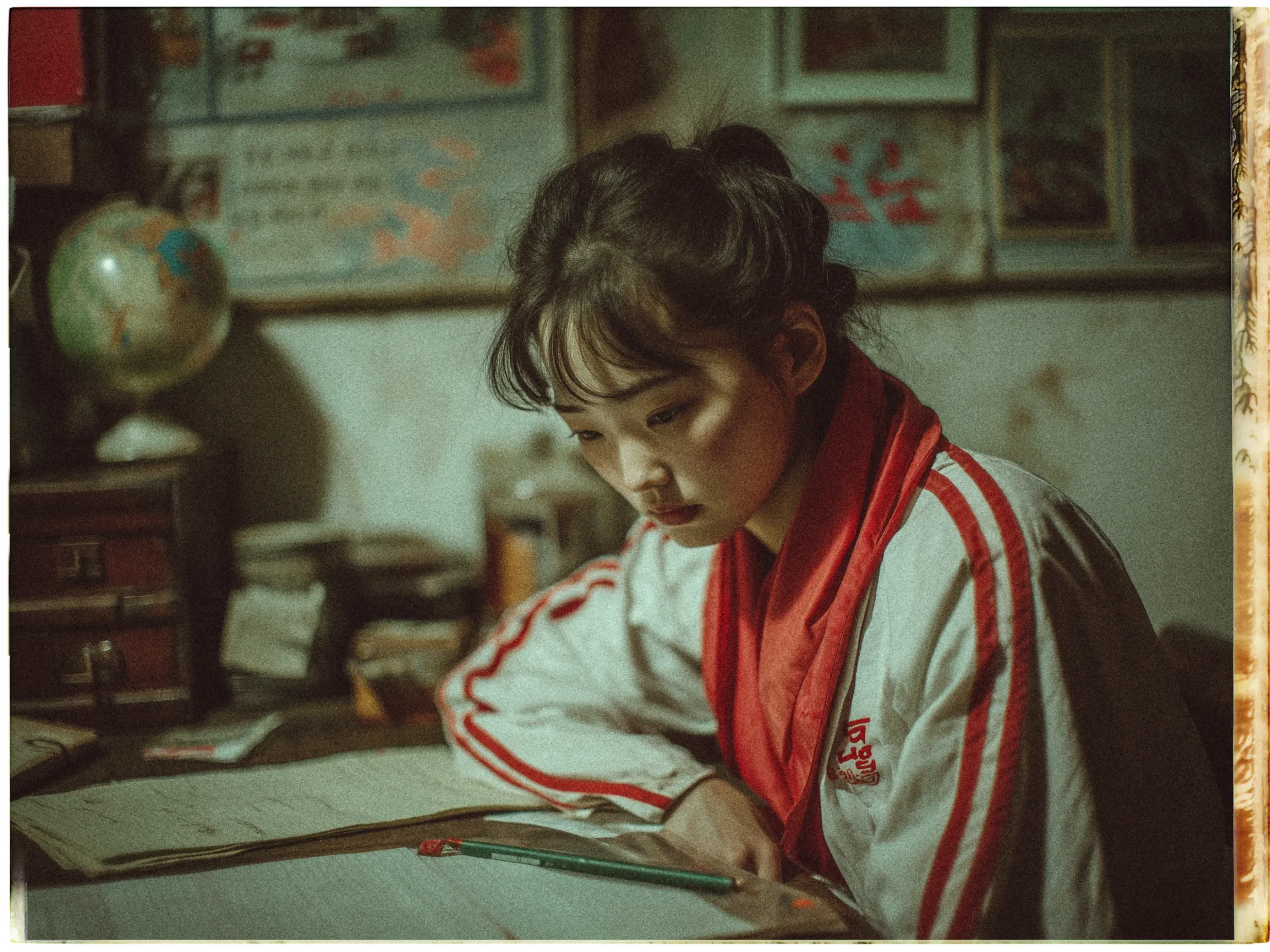 A young woman sits at a cluttered desk, focused intently on her work. She wears a white jacket with red stripes and a red scarf. Her dark hair is tied up, and she appears to be studying papers spread out before her. A pencil lies on the table. In the background, a globe and various vintage posters can be seen on the wall, contributing to a nostalgic, vintage atmosphere. The overall lighting is dim and warm, casting soft shadows around the room.