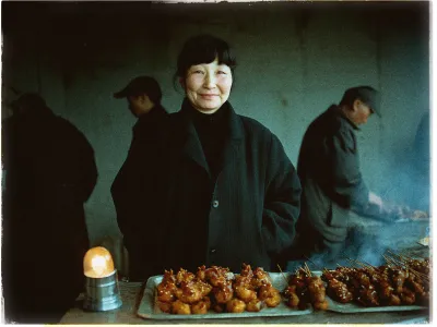 A woman stands behind a street food stall, smiling gently at the camera. She wears a dark coat and has short, dark hair. In front of her are trays filled with skewered, glazed meat, possibly chicken, sprinkled with sesame seeds. The background features a dimly lit environment with two other people; one appears to be a man, tending to a grill, shrouded in subtle smoke. The overall atmosphere is warm and inviting, capturing a candid moment at a bustling street market.