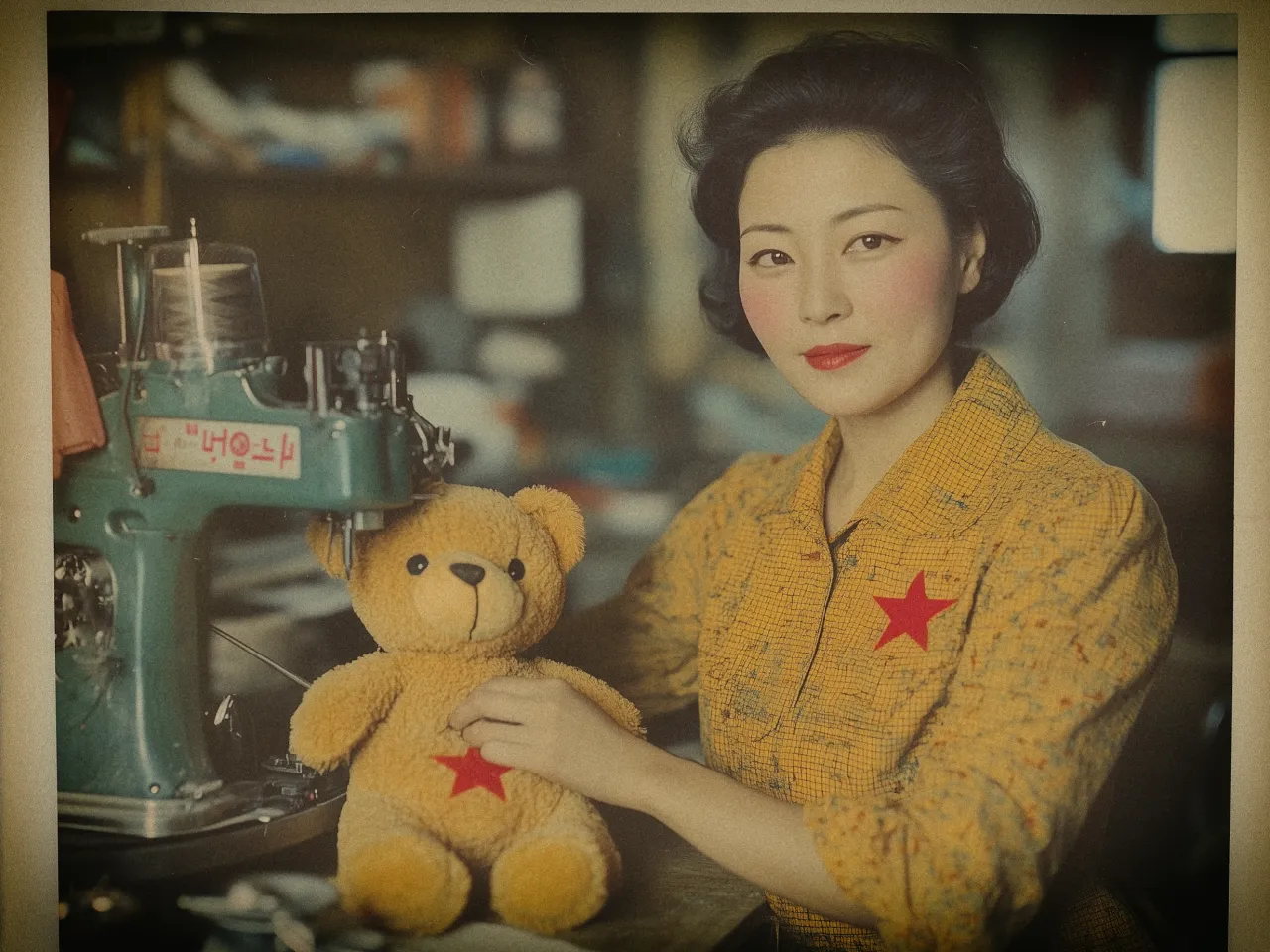 A woman is seated at a table next to a vintage sewing machine. She has styled black hair and wears a yellow dress with a red star emblem. In her hands is a teddy bear also adorned with a red star. The background is softly blurred, suggesting a workshop with scattered items. The image has a nostalgic, vintage tone with warm lighting.