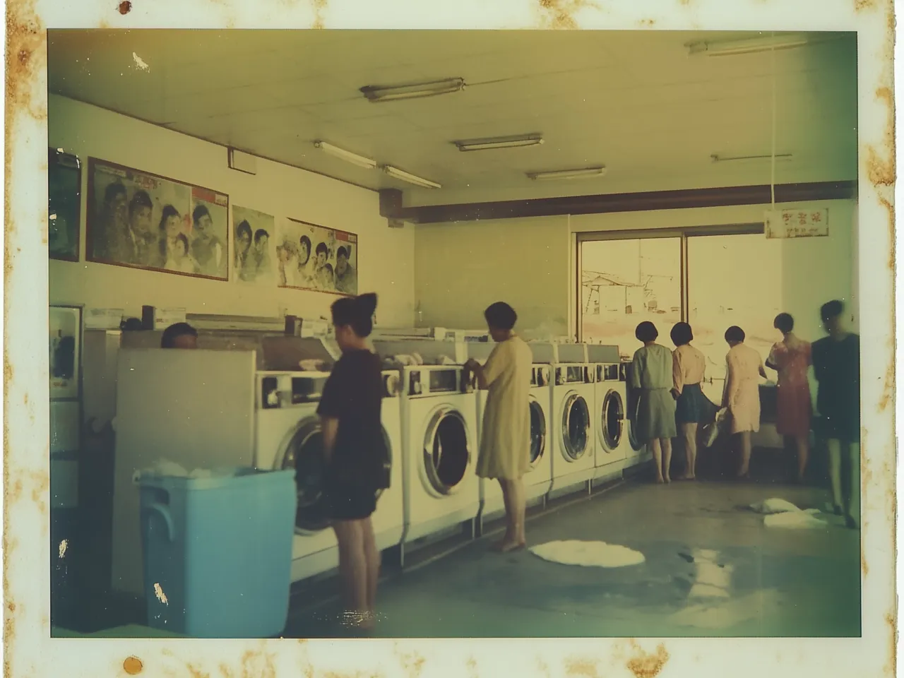 The image depicts the interior of an old laundromat with a row of washing machines against the walls. Several people, mostly women, are tending to the machines. The floor is scattered with small patches of suds. A large window on the right wall lets in natural light, illuminating the room. The walls are adorned with vintage posters featuring portraits of people. The ceiling has fluorescent lights. The photo has a faded, nostalgic quality, with visible discoloration and stains, contributing to its aged appearance.