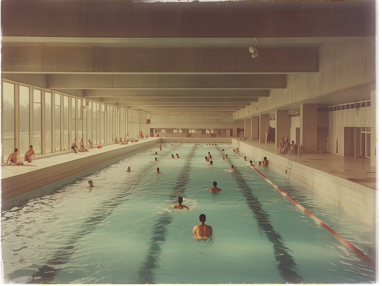 The image depicts an indoor swimming pool with a number of people swimming and lounging. The pool is long and rectangular with clear blue water, divided into lanes by floating markers. Swimmers are seen in the pool while others are sitting on the tiled poolside, some with towels. The space is well-lit, with large windows lining the left side, allowing natural light to flood in. The ceiling is high with visible beams, giving the room an open feel. The atmosphere appears calm and relaxed.