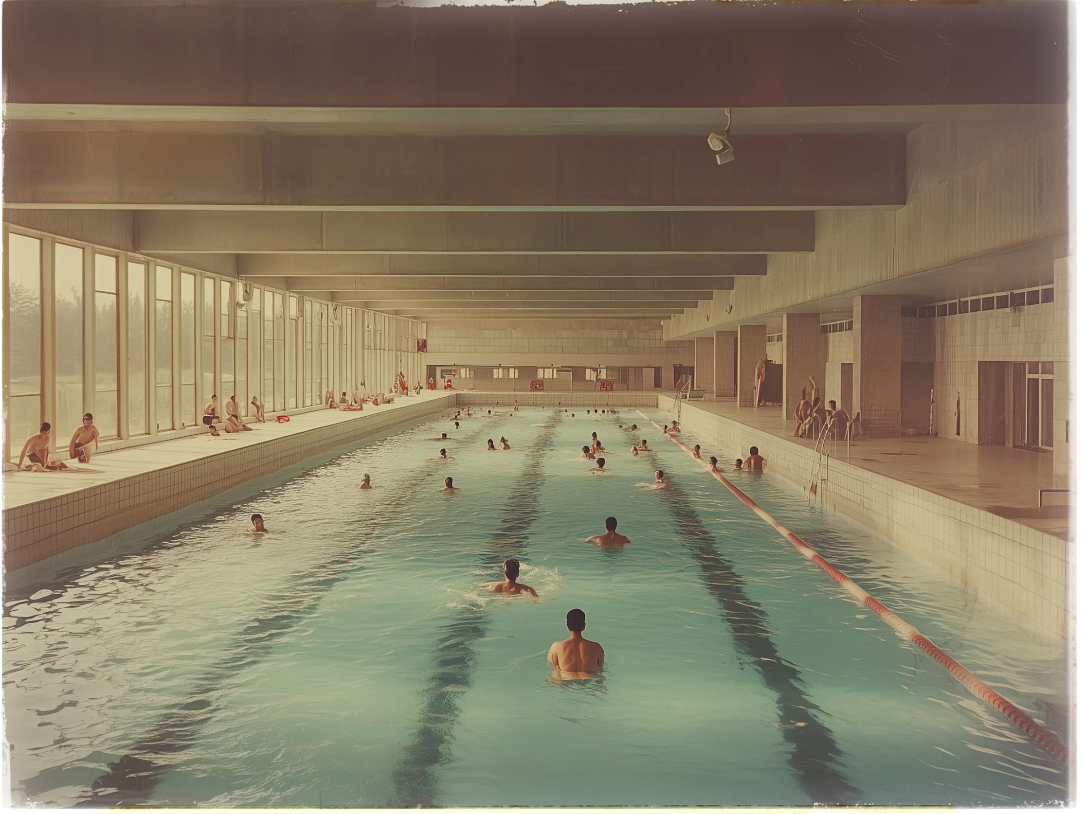 The image depicts an indoor swimming pool with a number of people swimming and lounging. The pool is long and rectangular with clear blue water, divided into lanes by floating markers. Swimmers are seen in the pool while others are sitting on the tiled poolside, some with towels. The space is well-lit, with large windows lining the left side, allowing natural light to flood in. The ceiling is high with visible beams, giving the room an open feel. The atmosphere appears calm and relaxed.