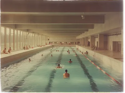 The image depicts an indoor swimming pool with a number of people swimming and lounging. The pool is long and rectangular with clear blue water, divided into lanes by floating markers. Swimmers are seen in the pool while others are sitting on the tiled poolside, some with towels. The space is well-lit, with large windows lining the left side, allowing natural light to flood in. The ceiling is high with visible beams, giving the room an open feel. The atmosphere appears calm and relaxed.