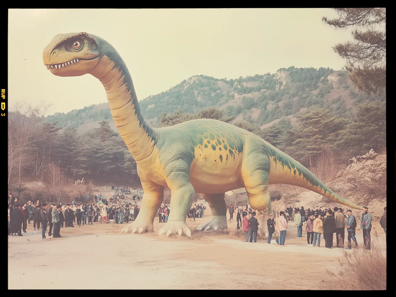 A large, realistic model of a dinosaur, resembling a sauropod, stands in an open area surrounded by a crowd of people. The dinosaur has a long neck, green skin with yellow spots, and a thick tail. The scene is set against a backdrop of forested hills and mountains, with bare trees and shrubs visible. The sky is overcast, contributing to a muted color palette. People of various ages are gathered around, some taking photos, while others observe the dinosaur in fascination.