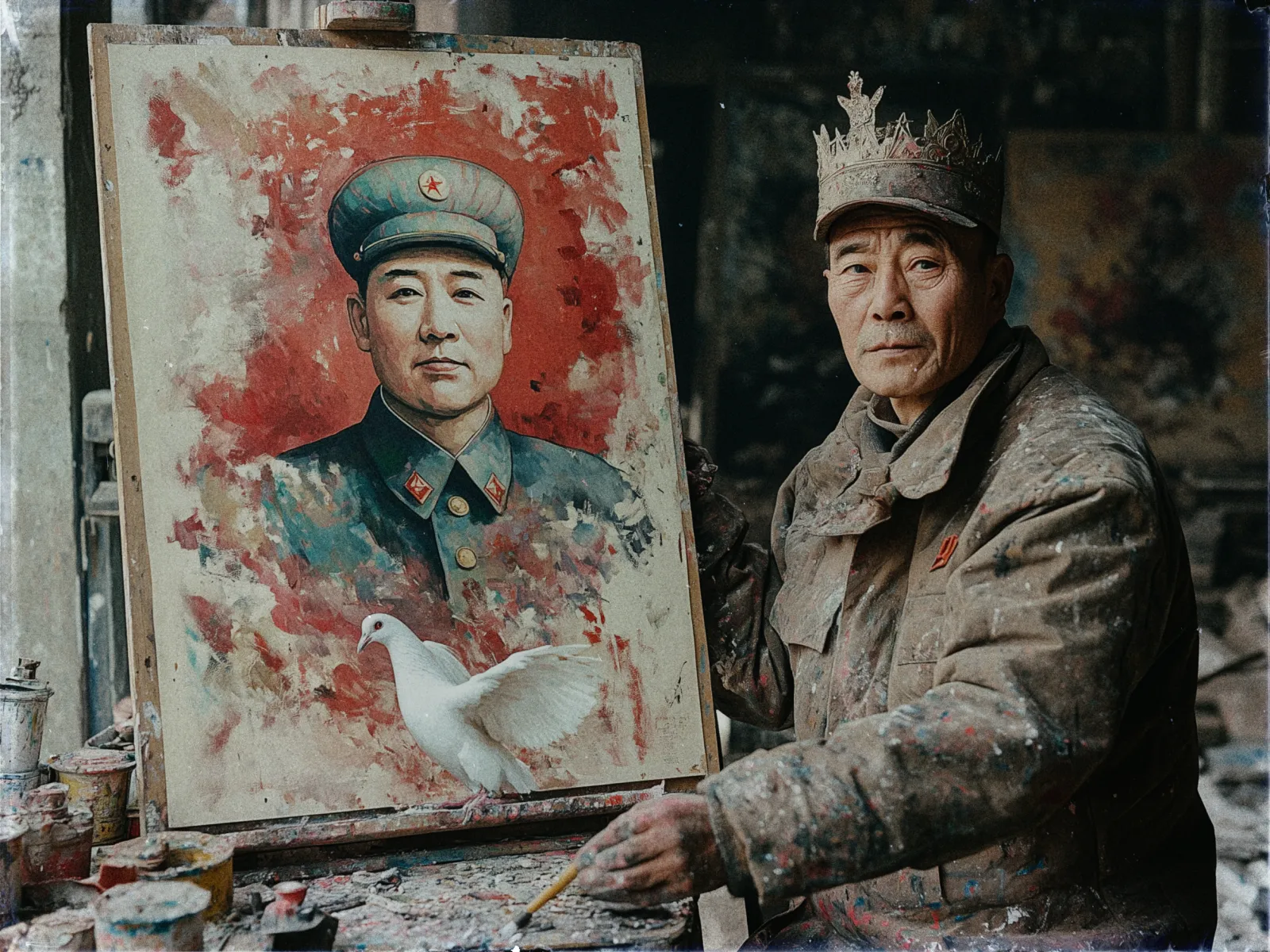 A man in a paint-splattered coat and a paper crown holds a paintbrush while sitting next to an easel with a colorful painting. The painting features a portrait of a man in a military uniform against a red and white abstract background. A white dove is also depicted at the bottom of the painting. The scene is set in a studio with various paint jars and supplies on the table. The artist gazes directly at the viewer.