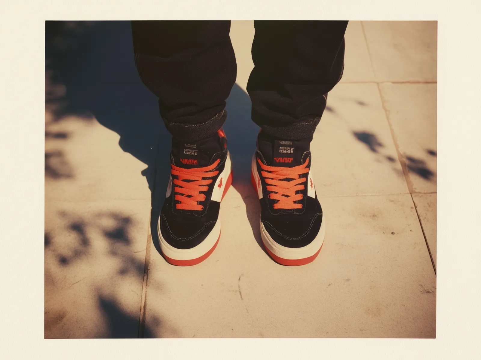 The image shows a close-up of a person wearing black sneakers with red laces and accents on a light-colored tiled surface. The sneakers feature a design that includes white midsoles and branding elements. The individual is wearing black pants, and the shadows of nearby foliage are visible on the ground, suggesting an outdoor setting with sunlight from above. The image composition has a warm, slightly vintage tone.