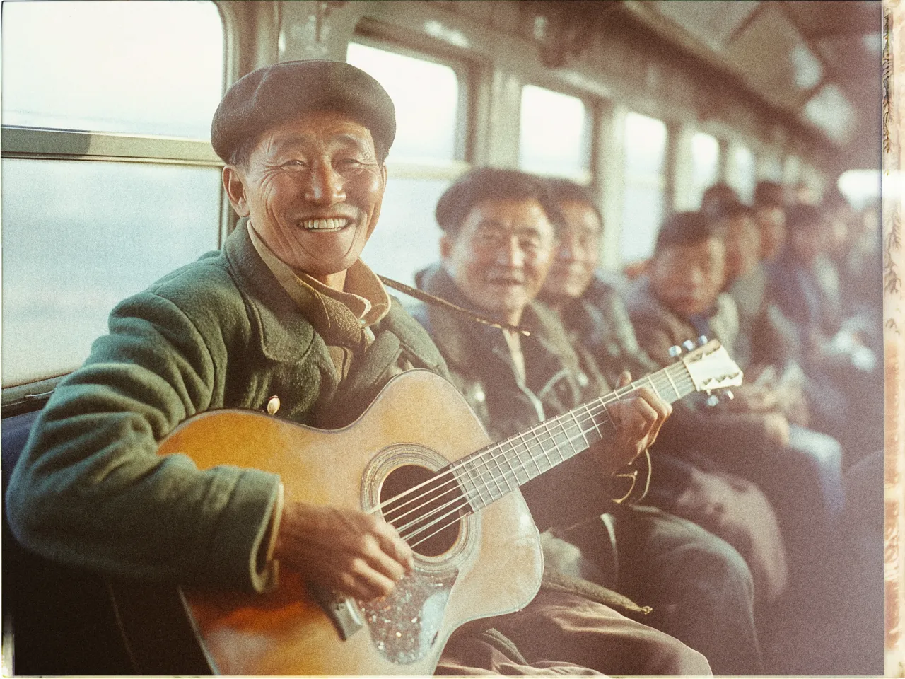 A cheerful elderly man wearing a flat cap and a green coat is sitting on a train, strumming an acoustic guitar. His face is lit up with a broad smile, suggesting he is enjoying himself. Behind him, several passengers sit closely together on a bench, some of whom are also smiling and engaged with the scene. The train carriage has large windows, allowing natural light to fill the space, creating a warm and inviting atmosphere. The image conveys a sense of joy and camaraderie among the passengers.