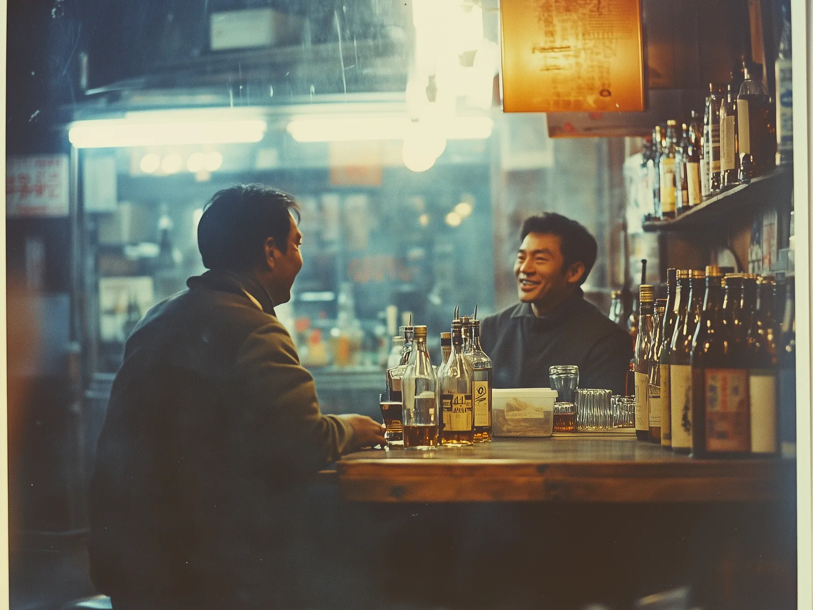 The image depicts the interior of a cozy bar with two men sitting at a wooden counter. They are engaged in a friendly conversation, with both smiling. The counter is lined with various bottles of liquor and empty glasses, suggesting they are having drinks. Shelves filled with more bottles can be seen to the right. The lighting is warm and dim, creating an intimate atmosphere, while a large window behind them reveals the blurred lights of the city outside. The scene conveys a relaxed, convivial mood.