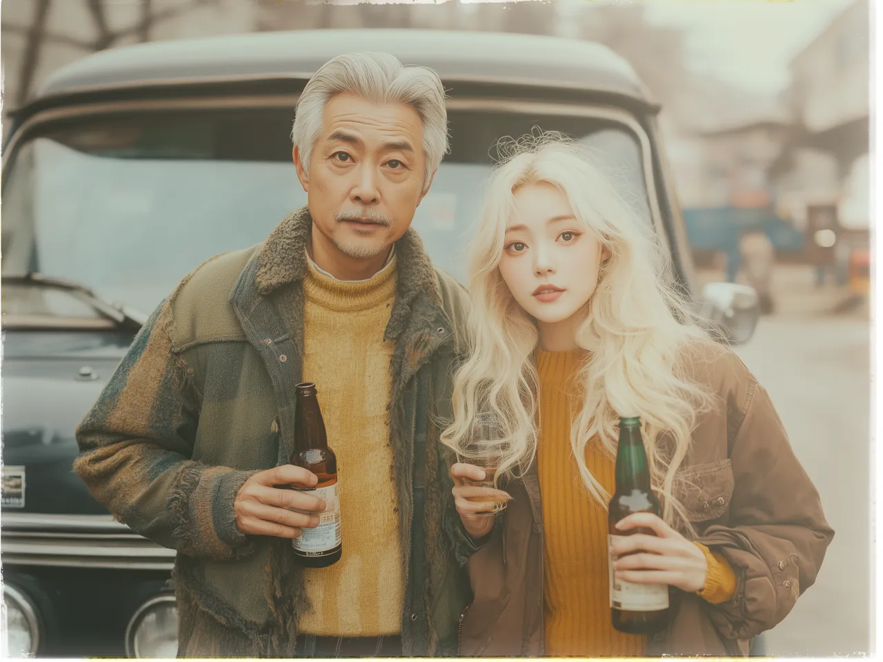 A man and a woman stand closely together in front of a vintage vehicle on a street. The man, with salt-and-pepper hair and a mustache, is wearing a green jacket layered over a mustard-colored sweater. He holds a beer bottle in his hand. The woman has long, wavy blonde hair and is dressed in a brown jacket over a matching mustard sweater. She is also holding a beer bottle. Both are looking directly at the camera with a neutral expression. The background is blurred, with hints of an urban street scene. The image has a warm, vintage filter effect.