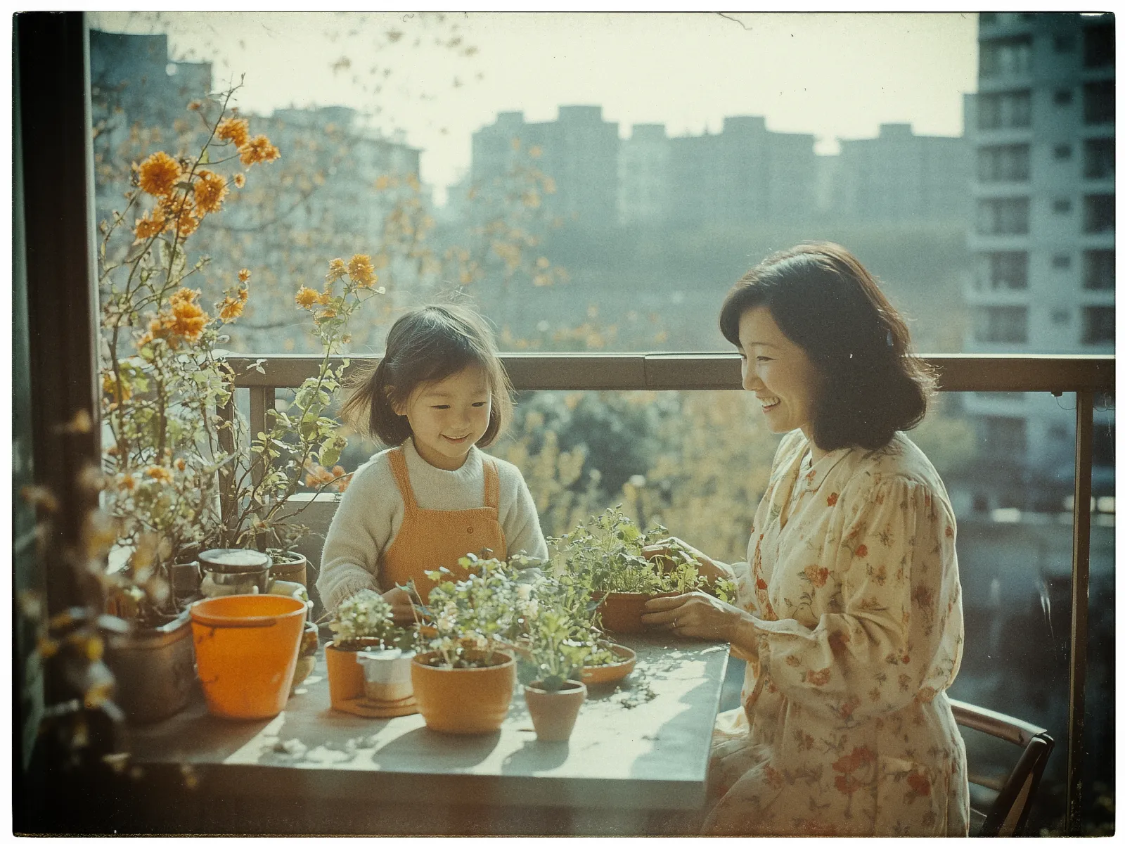 A woman and a young child are sitting together on a balcony, enjoying a sunny day. The woman, dressed in a floral-patterned dress, is smiling and tending to a variety of green plants in terracotta pots arranged on a table. The child, wearing an orange apron over a light sweater, is attentively observing, contributing to the planting activity. Bright orange flowers are visible in the background, adding color to the scene. The backdrop includes blurred tall buildings and trees, indicating an urban setting. The overall atmosphere is peaceful and joyful, with morning light casting soft shadows across the table.