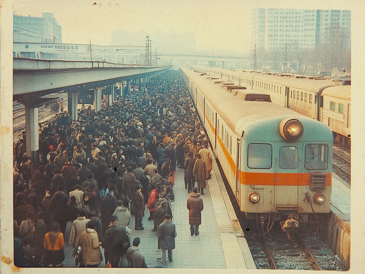 The image shows a busy train station platform filled with a large crowd of people, many wearing coats and winter clothing, suggesting a cold season. A train with a predominantly blue and orange color scheme is on the right side of the image, facing towards the foreground. The train has a rounded front with large windows and headlights. The platform, visible in the left and center, stretches into the distance, highlighting the size of the crowd. Buildings can be seen in the background, slightly obscured by fog or haze, which adds a vintage atmosphere to the scene. The overall color palette features warm, muted tones, enhancing the nostalgic feel.