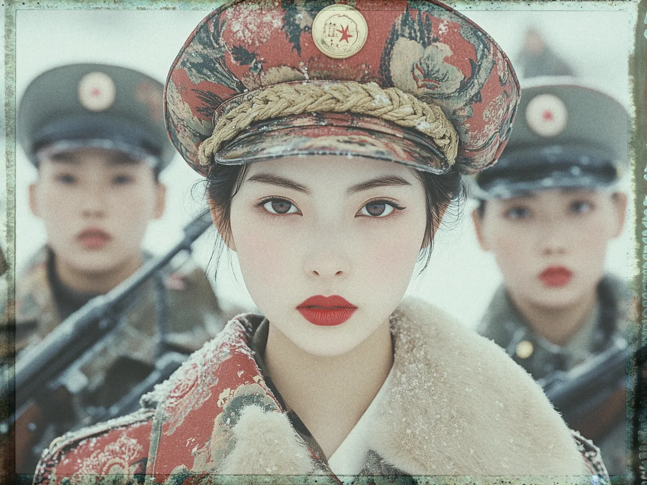 A young woman in a vibrant, patterned military-style uniform is centered in the image. She wears a distinctive cap adorned with floral designs and a braided cord, featuring a gold emblem. Her expression is serious, and her lips are painted a bold red. Behind her, two soldiers stand in similar uniforms, slightly out of focus, holding rifles. The background is a soft blur, adding an ethereal quality to the scene. The image has a vintage, slightly desaturated aesthetic, with a cold, wintry ambiance.