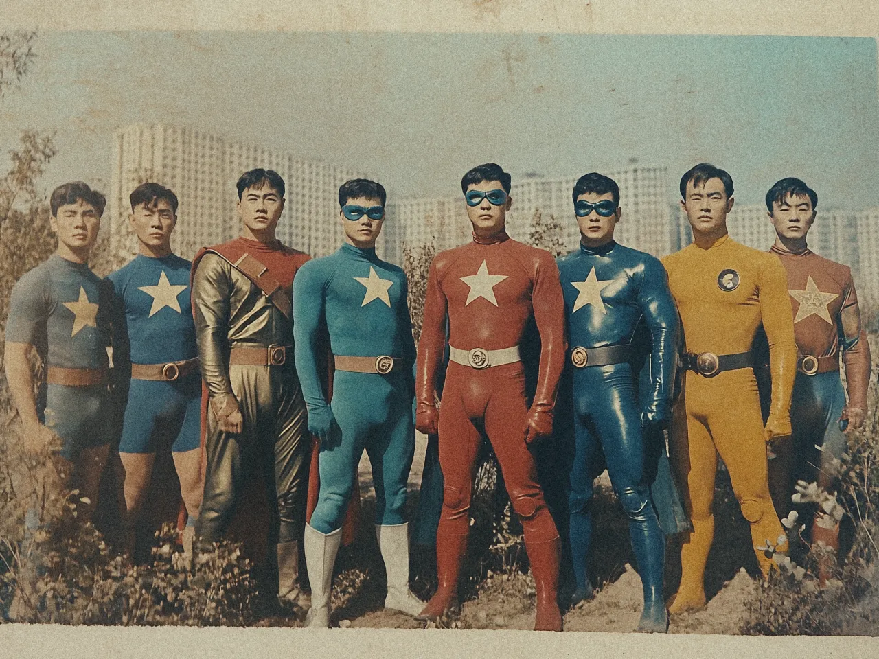 A group of seven people dressed in retro superhero costumes stands outdoors in a line. Each person wears a suit with a bold star emblem at the chest. The costumes are colorful, including shades of blue, red, gold, and yellow, with matching masks and boots. The three people in the middle wear blue and red suits with white stars, while the others wear varying colors. They all have serious expressions and stand confidently, with a cityscape with tall buildings visible in the background. The image has a vintage, faded quality, enhancing the retro feel.