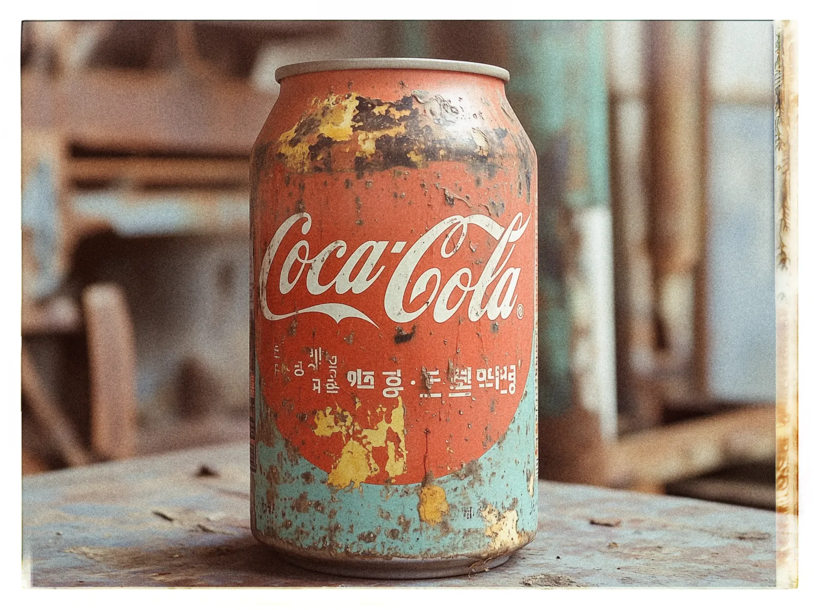 The image features a vintage Coca-Cola can with Korean text, placed on a rustic wooden surface. The can has a red and faded turquoise design, with visible signs of rust and peeling paint, giving it an aged and weathered appearance. The background is blurred, featuring muted colors and indistinct shapes, suggesting an industrial or workshop setting. The overall tone of the image has a nostalgic feel with warm, earthy hues.