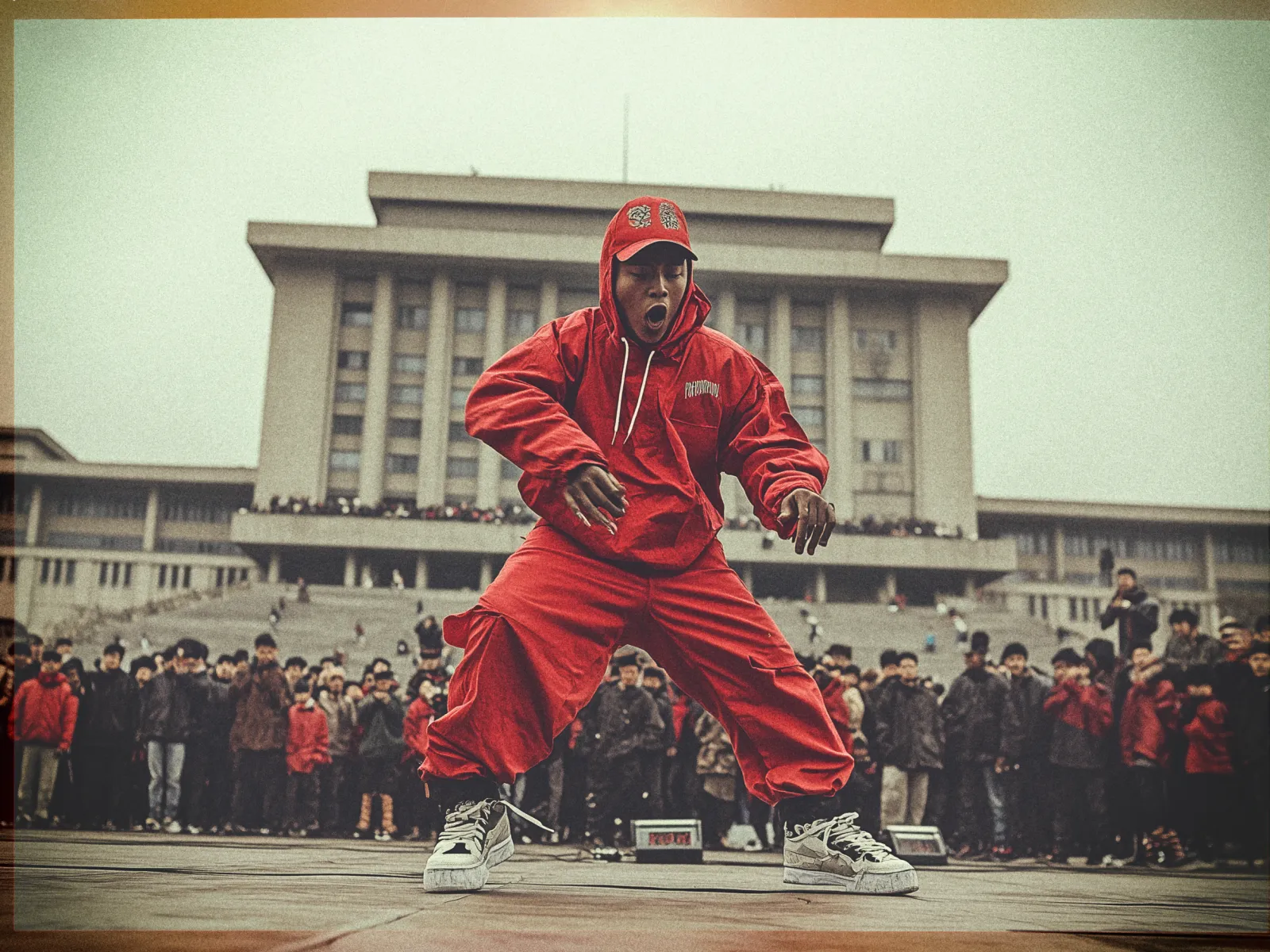 A person dressed in a bright red tracksuit, including a hooded jacket and baggy pants, performs an expressive dance move in an outdoor setting. They stand with legs wide apart and arms bent, appearing dynamic and energetic. The background features a large, imposing building with multiple windows, and a crowd of onlookers is gathered to watch. The sky is overcast, giving the scene a muted and atmospheric tone. The person's sneakers are white with thick soles, adding to the casual and sporty aesthetic.