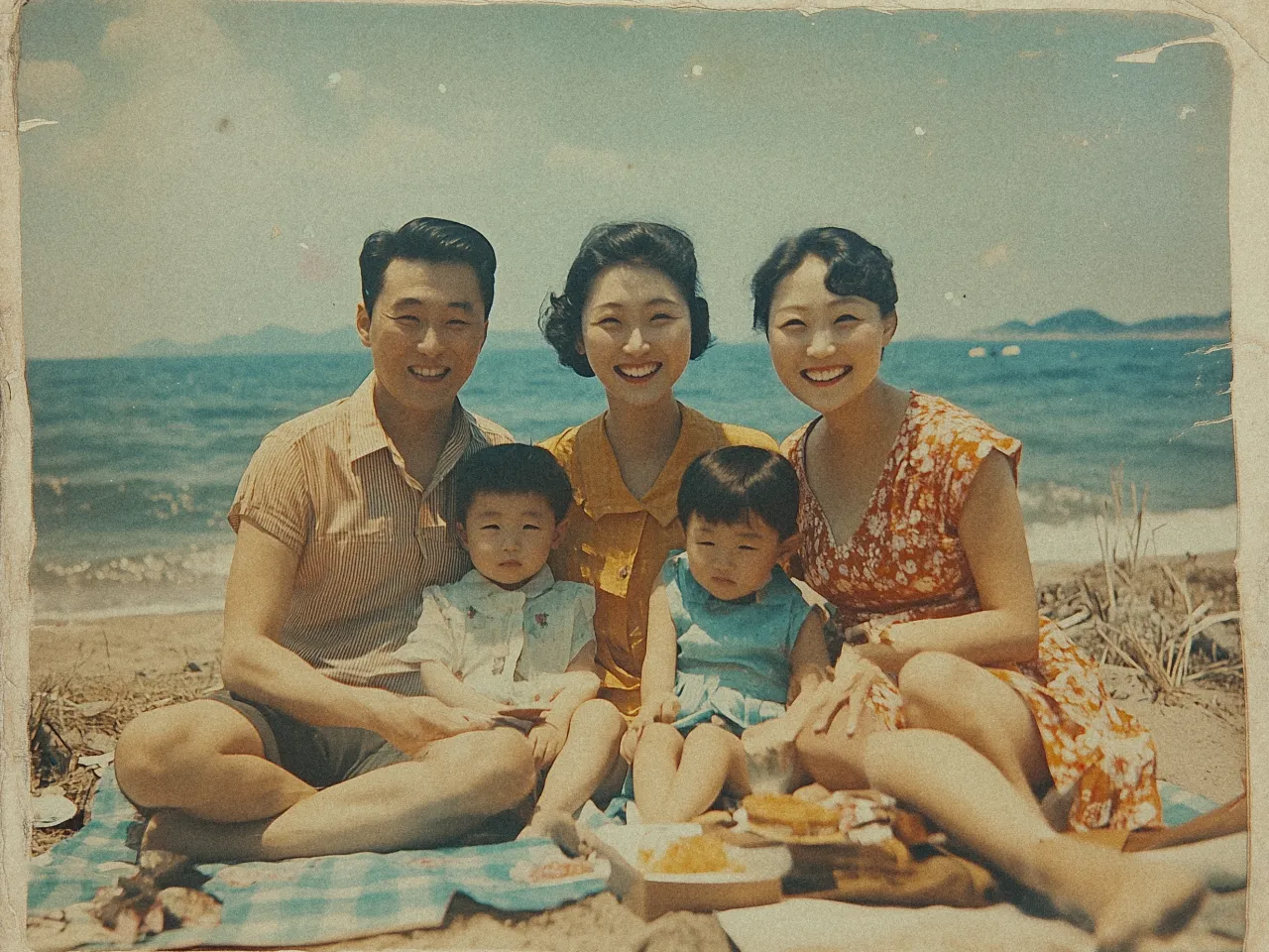 A vintage photo features a group of five people sitting on a beach. The group includes three adults and two children. They are sitting on a blue plaid blanket. The adults are smiling, with one man wearing a short-sleeved shirt and two women in brightly colored dresses. The two children are sitting in front of the adults, wearing light clothing and looking content. In the background, the sea is visible under a clear blue sky, with distant islands on the horizon. The overall image has a nostalgic, faded quality, indicating it might be an old photograph.