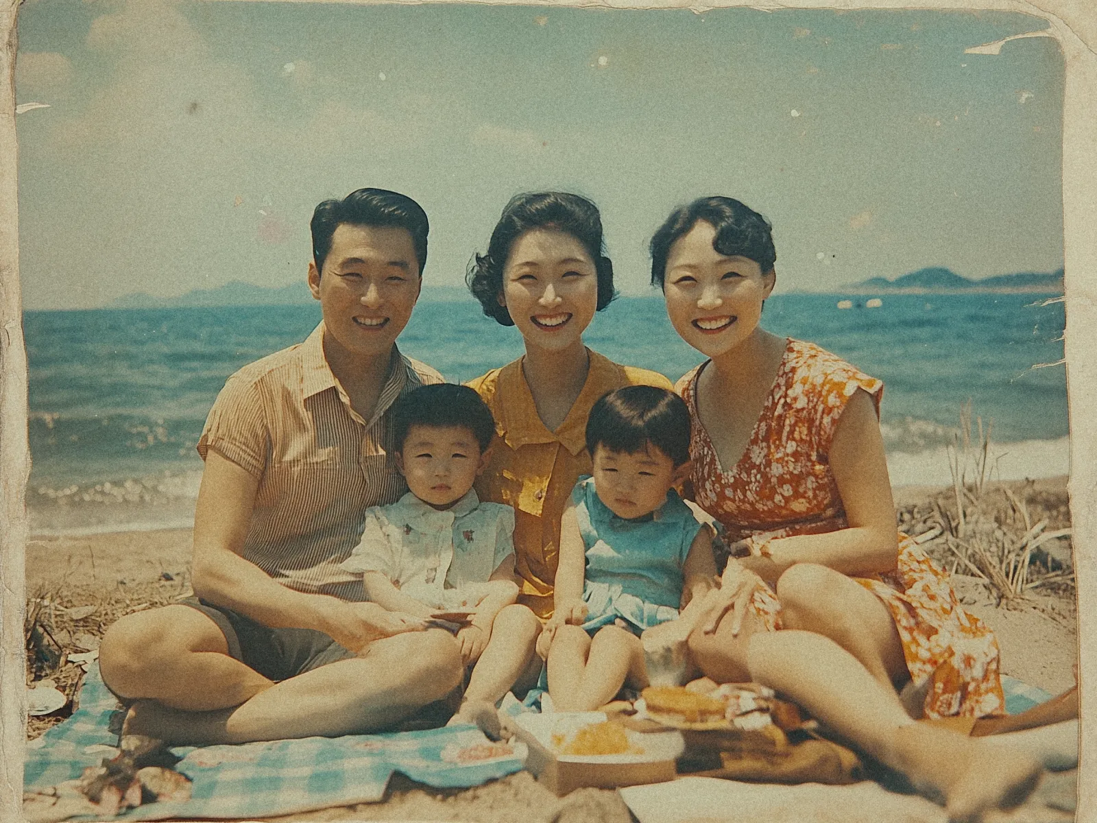 A vintage photo features a group of five people sitting on a beach. The group includes three adults and two children. They are sitting on a blue plaid blanket. The adults are smiling, with one man wearing a short-sleeved shirt and two women in brightly colored dresses. The two children are sitting in front of the adults, wearing light clothing and looking content. In the background, the sea is visible under a clear blue sky, with distant islands on the horizon. The overall image has a nostalgic, faded quality, indicating it might be an old photograph.