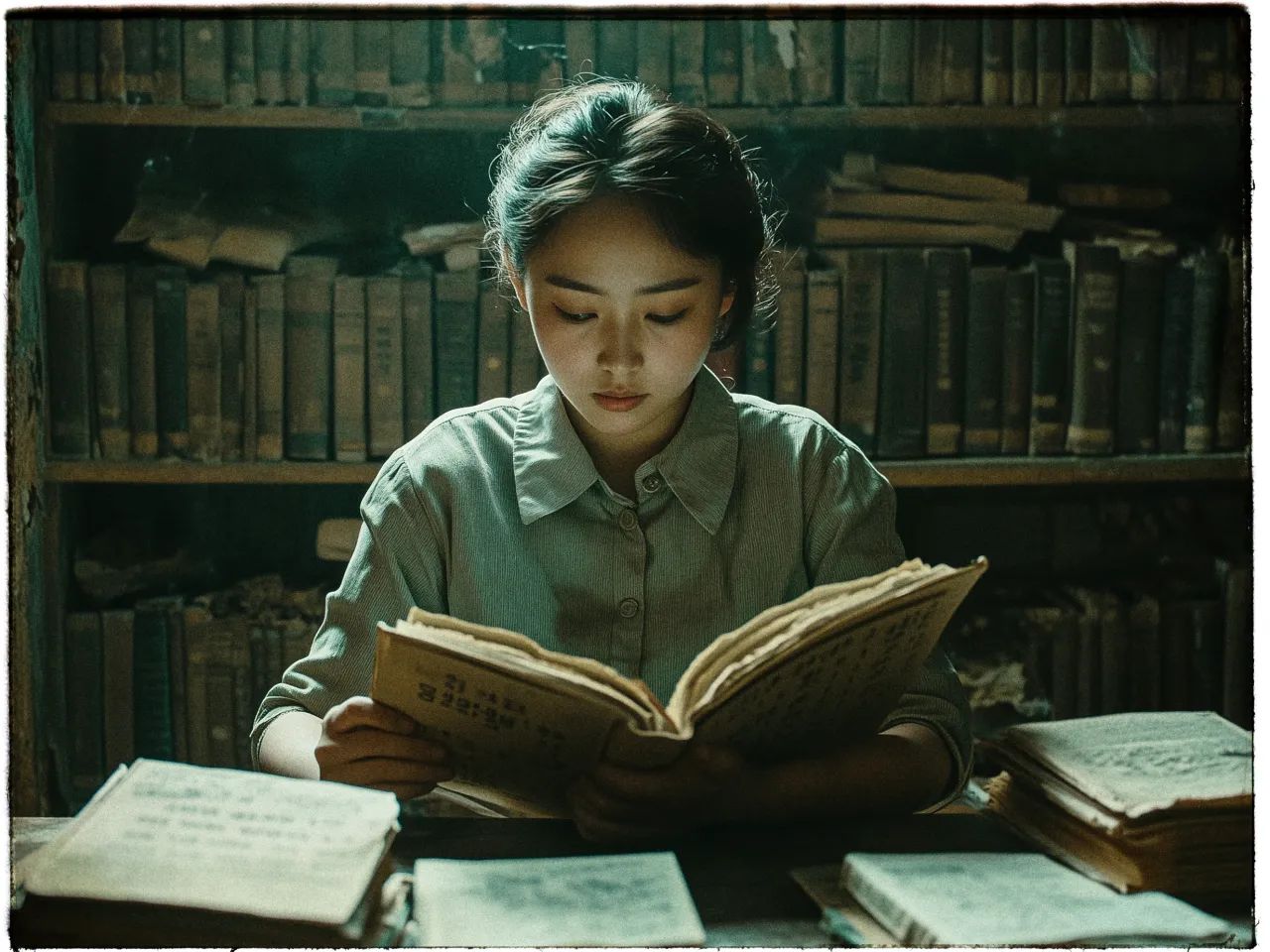 A woman sits at a wooden table in a dimly lit library, reading a large, aged book. She has dark hair tied back neatly and wears a button-up shirt. Multiple similar old books are spread across the table. The background is lined with bookshelves filled with stacks of worn, dusty books, contributing to the vintage and scholarly atmosphere. The soft light highlights her focused expression and the texture of the books.