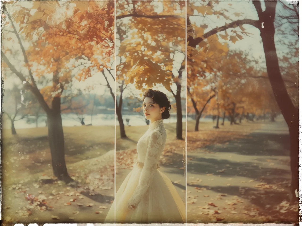 A woman in a vintage-style lace dress stands amidst an autumnal landscape. The image is divided into three panels, reminiscent of a triptych. She has dark hair styled elegantly, and gazes softly at the camera. The ground is covered with fallen orange and yellow leaves, and trees with matching foliage line the path. The scene has a nostalgic, warm tone, enhanced by the soft, diffused lighting typical of a late afternoon. The photo has a slightly aged appearance, with noticeable edges and corners similar to vintage photographs.