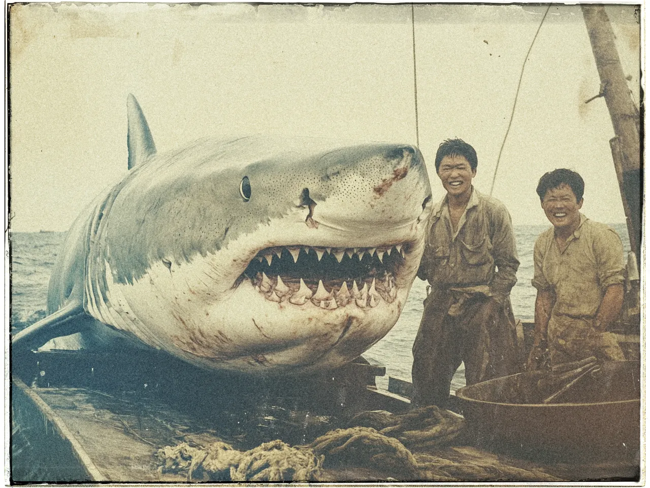 The image shows a large, dead great white shark lying on a wooden dock or boat. Its mouth is open, revealing multiple rows of sharp teeth, and there are visible blood stains on its body. Standing to the right of the shark are two men, who appear to be fishermen. They are smiling, wearing shirt sleeves rolled up and appear somewhat wet or sweaty, suggesting recent exertion. The background displays a slightly overcast sky and hints of the ocean, giving an overall vintage and rugged feel to the photograph. The image has an aged, sepia-toned effect, adding to the historical look.