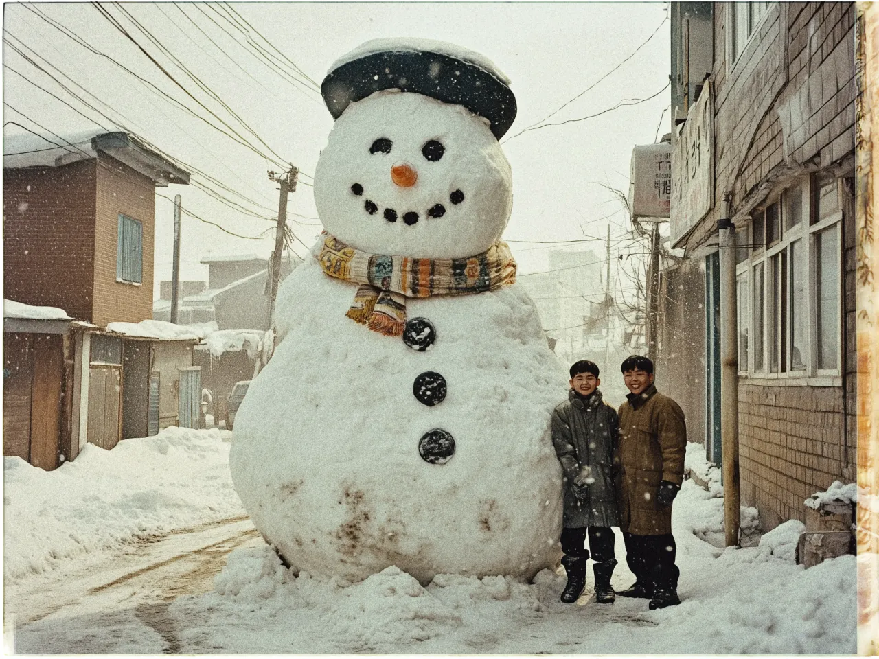 A large snowman towers over two smiling individuals standing beside it on a snowy street. The snowman is adorned with a colorful knit scarf and a dark hat. Its face features coal-like eyes and a broad smile made from small black dots, along with a carrot-like nose. The area is snow-covered, and snow is gently falling from the sky. The street is lined with buildings on either side, and power lines can be seen in the background. The scene conveys a sense of joy and winter charm.