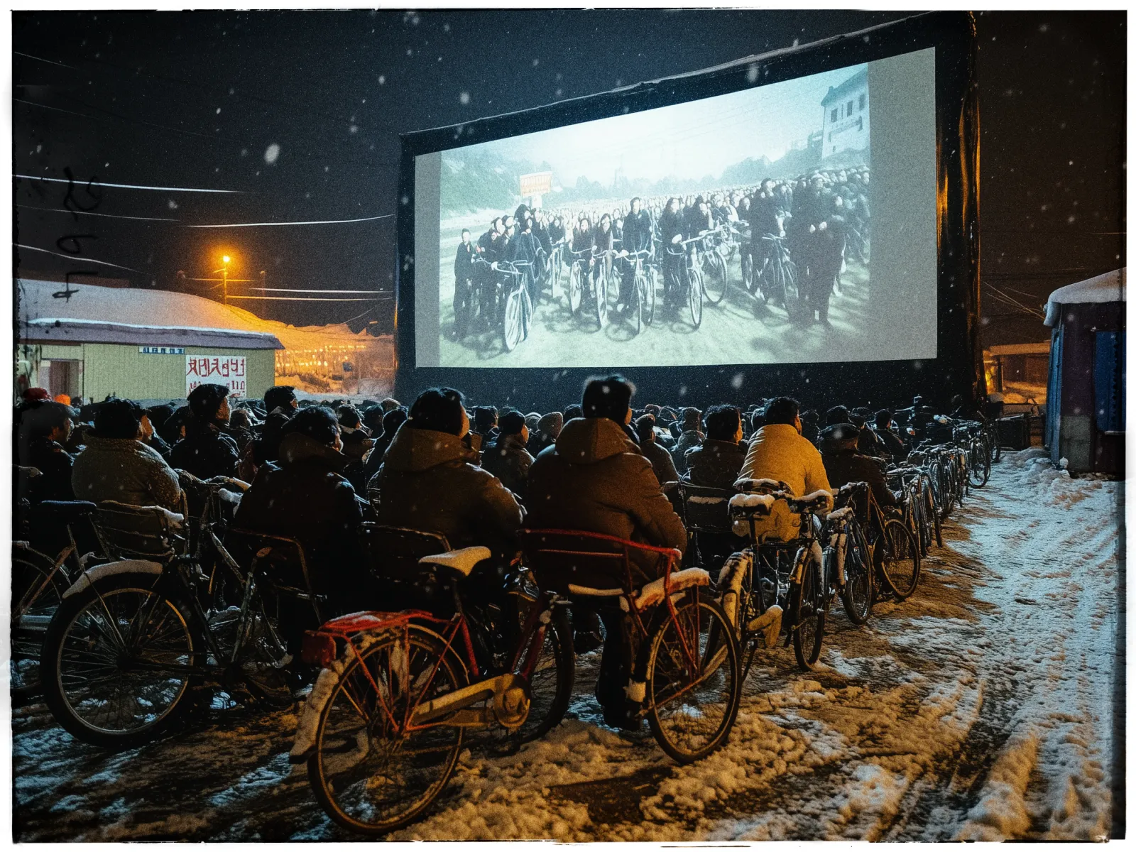 The image depicts an outdoor cinema setting on a snowy evening. A large projection screen displays a black-and-white scene of people standing with bicycles. In front of the screen, rows of audience members are seated on bicycles, dressed in heavy winter coats to protect against the cold. Snow is visible on the ground and lightly falling from the dark sky, illuminated by a distant streetlight. The scene conveys a communal experience, blending modern outdoor cinema with traditional bicycles in a wintry landscape.