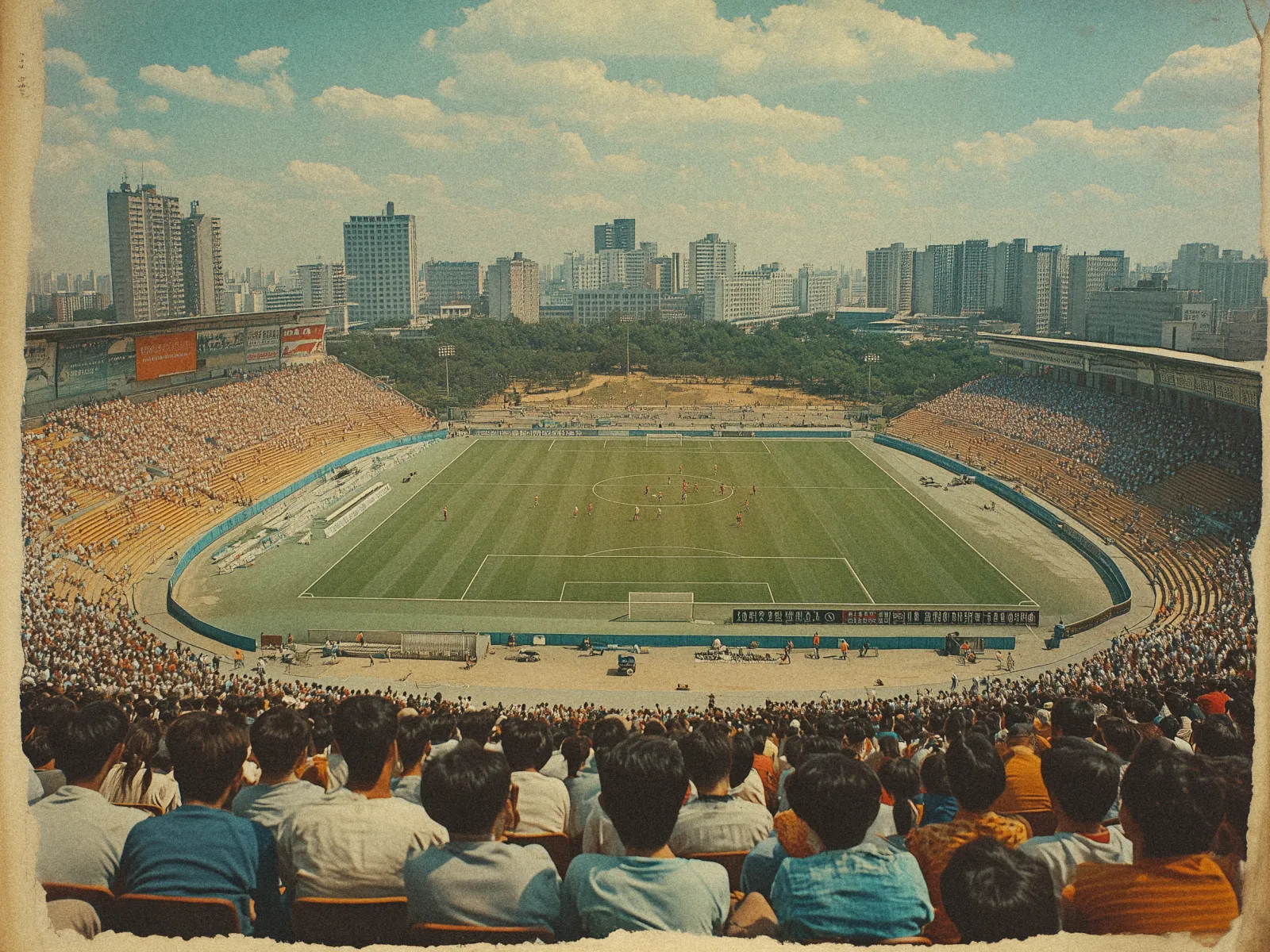 A vintage-style photograph depicting a large, packed soccer stadium from a high vantage point. The foreground shows the backs of rows of spectators, mostly wearing casual clothes, watching a soccer match. The field is lush and green, with players in red and black uniforms scattered across it. Surrounding the field are yellow stadium seats filled with people. Beyond the stadium, a skyline of modern high-rise buildings is visible, with scattered trees. The sky above is a bright blue with fluffy clouds. The photo has a faded, nostalgic appearance with slightly frayed edges.