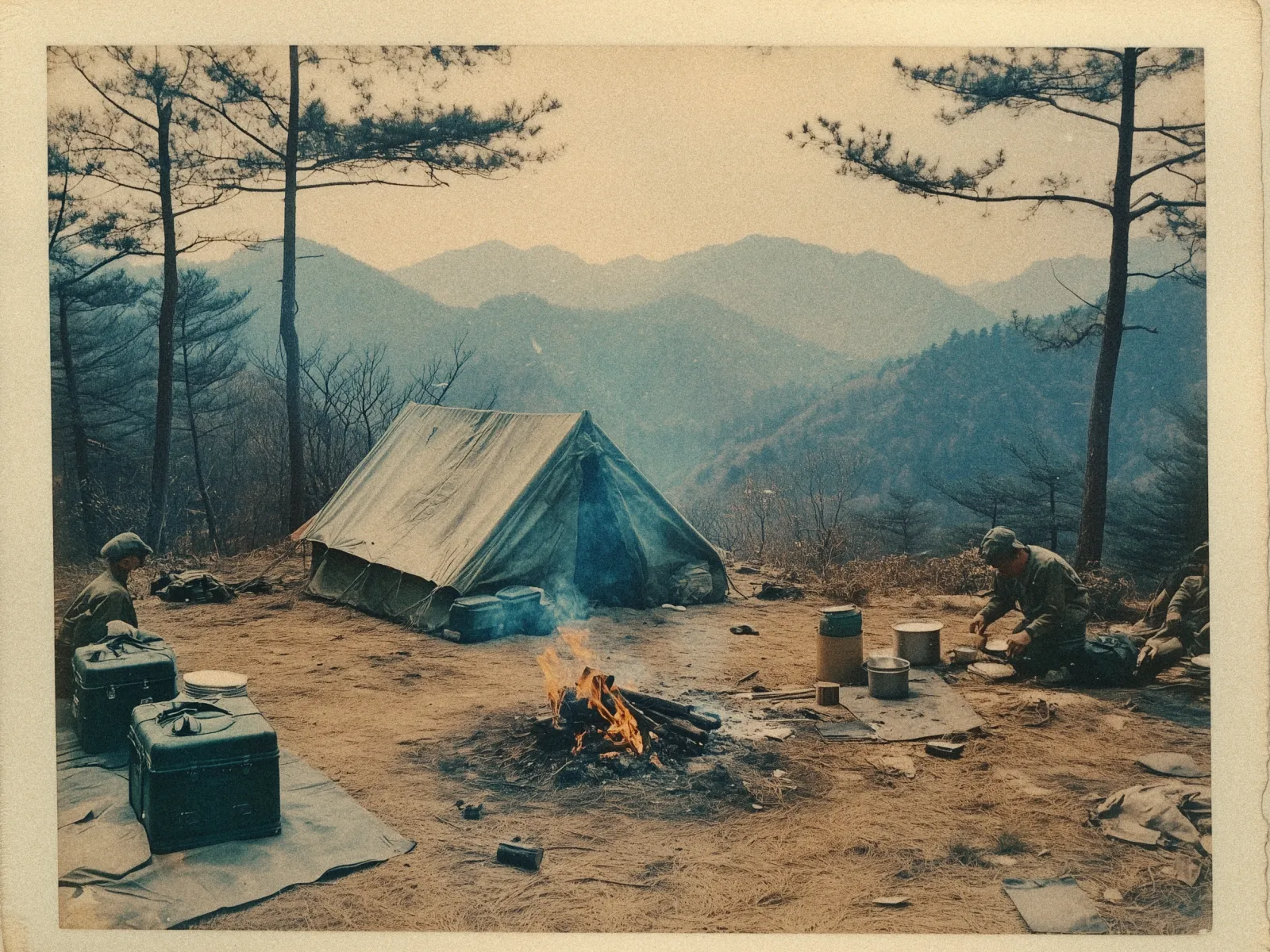 A vintage photograph depicts a campsite on a mountainside. In the center, a canvas tent is pitched, surrounded by sparse trees. In the foreground, a campfire burns brightly, with flames and smoke rising into the air. To the left, a person is seated near storage boxes, while another person on the right prepares items on a makeshift surface, surrounded by various metal containers. The background reveals a view of layered, misty mountains under a muted sky. The overall scene conveys a sense of solitude and rugged outdoor living.