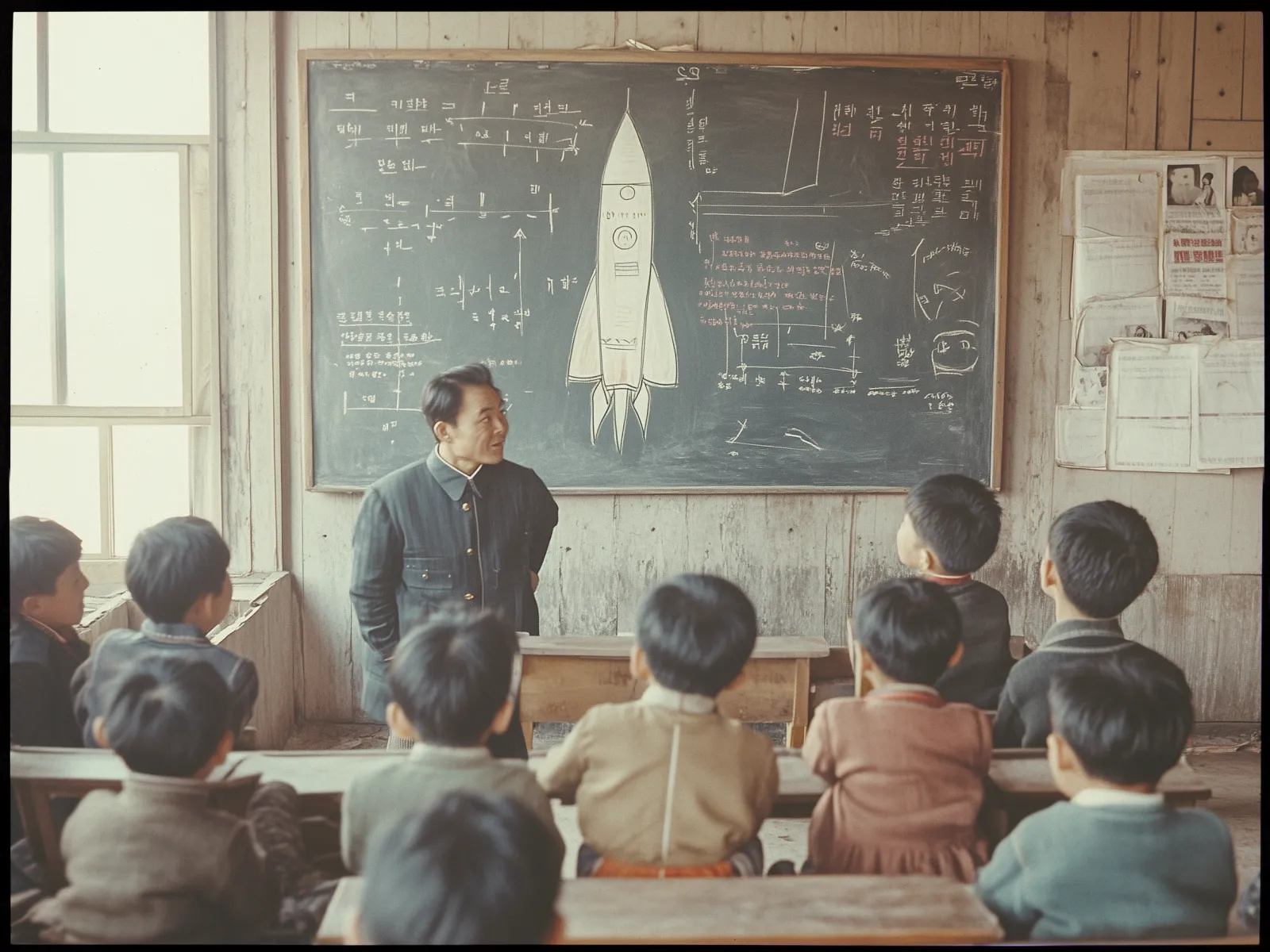 The image shows a classroom setting with a teacher and young students. The teacher, wearing a dark-colored uniform, stands at the front of the class, facing the students who are seated on wooden benches. The teacher is positioned beside a chalkboard that features a detailed drawing of a rocket, surrounded by various mathematical equations and diagrams written in chalk. The classroom has wooden walls, and there is a window on the left allowing natural light to enter. The children, who are dressed in various colored attire, appear attentive, looking towards the teacher and the board. On the right side of the chalkboard, papers and photographs are pinned to the wall.