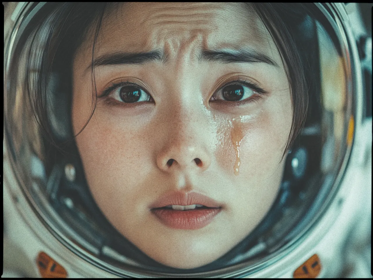 The image shows a close-up of a women inside a space helmet, looking directly at the viewer. Their expression conveys a mix of emotions, perhaps concern or sadness, with a single tear rolling down their cheek. The helmet's interior is visible around their face, and there is a reflection of light on the helmet's visor, adding to the dramatic and emotional tone of the image. The lighting highlights the person's facial features, and the overall color palette is muted, creating an atmospheric effect.