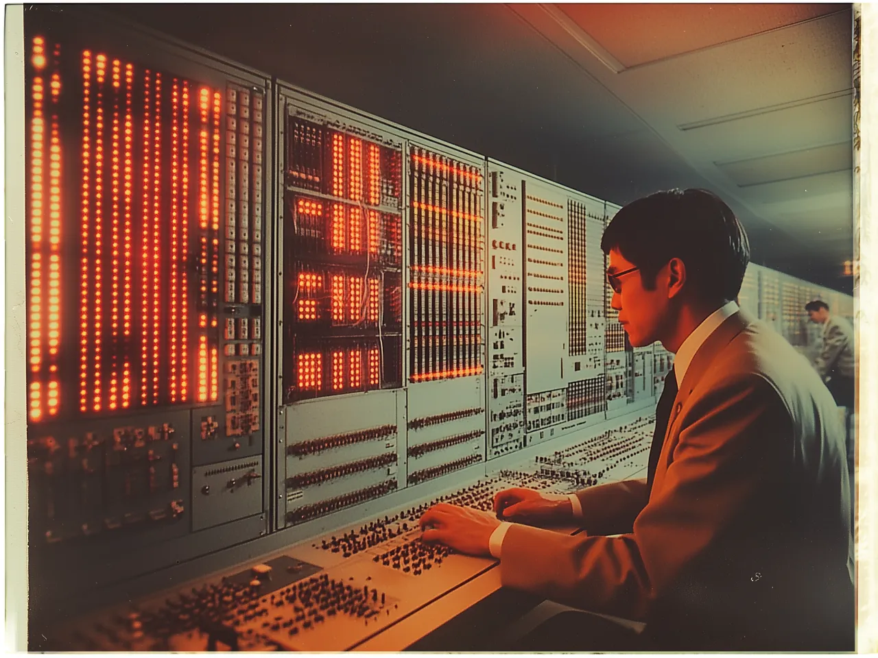 The image depicts a man in a suit working at a large, retro-style computer console, reminiscent of mid-to-late 20th-century technology. The console is filled with an array of blinking red lights, switches, and dials spanning the length of the wall. The man is focused and engaged, typing or adjusting controls. The room is dimly lit with an ambient glow from the electronic displays. Another person is faintly visible in the background, also interacting with the equipment. The atmosphere conveys a sense of vintage technological advancement.