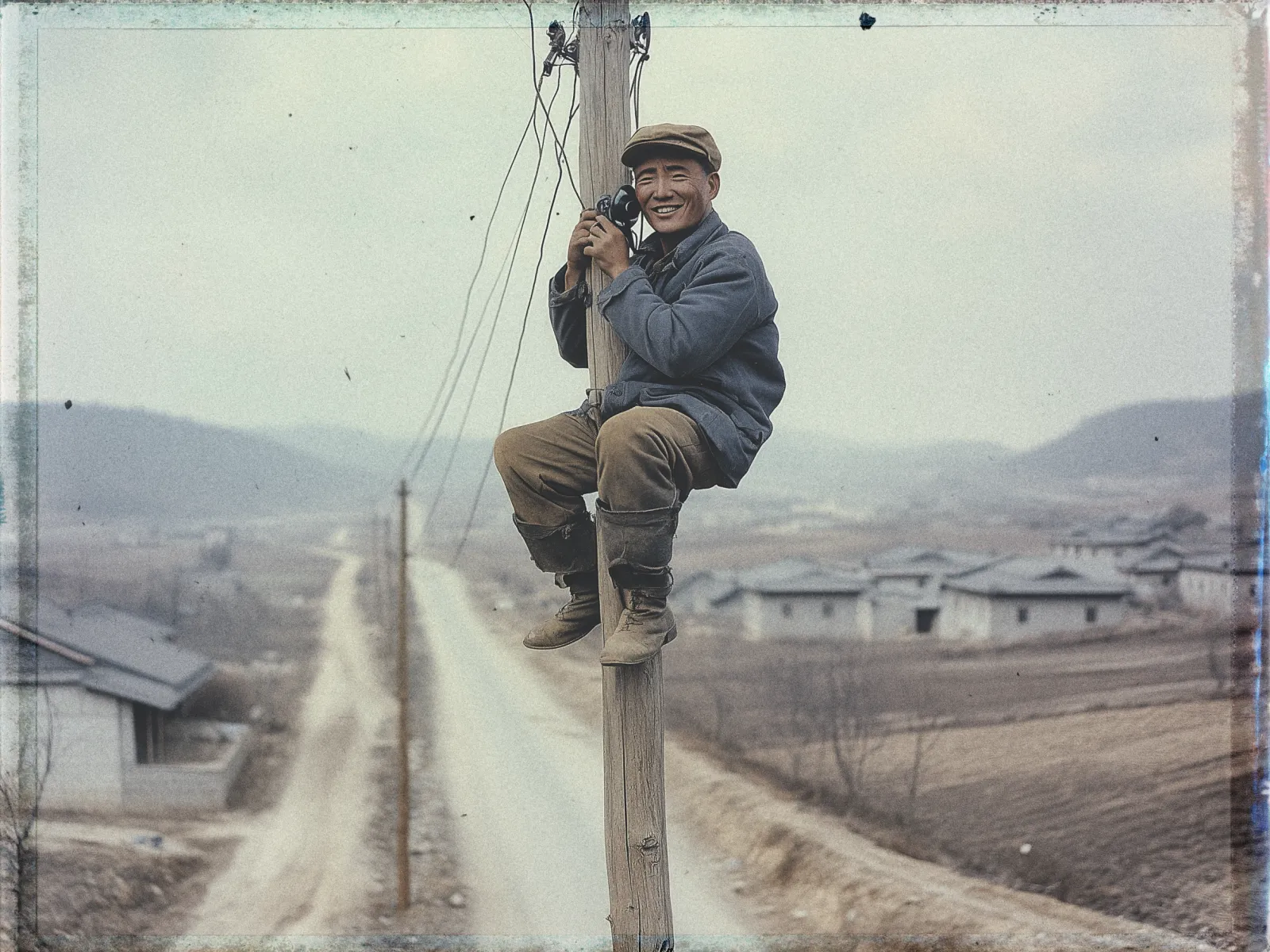 A man is perched on a wooden utility pole, smiling as he works with wires connected to the pole. He is wearing a brown cap, dark blue jacket, brown pants, and boots. The man is using a telephone or communication device attached to the pole. The background reveals a rural landscape with a dirt road leading into the distance, flanked by simple houses and barren fields. Hills are visible under an overcast sky, suggesting a cool and calm day. The image has a vintage, slightly faded appearance.