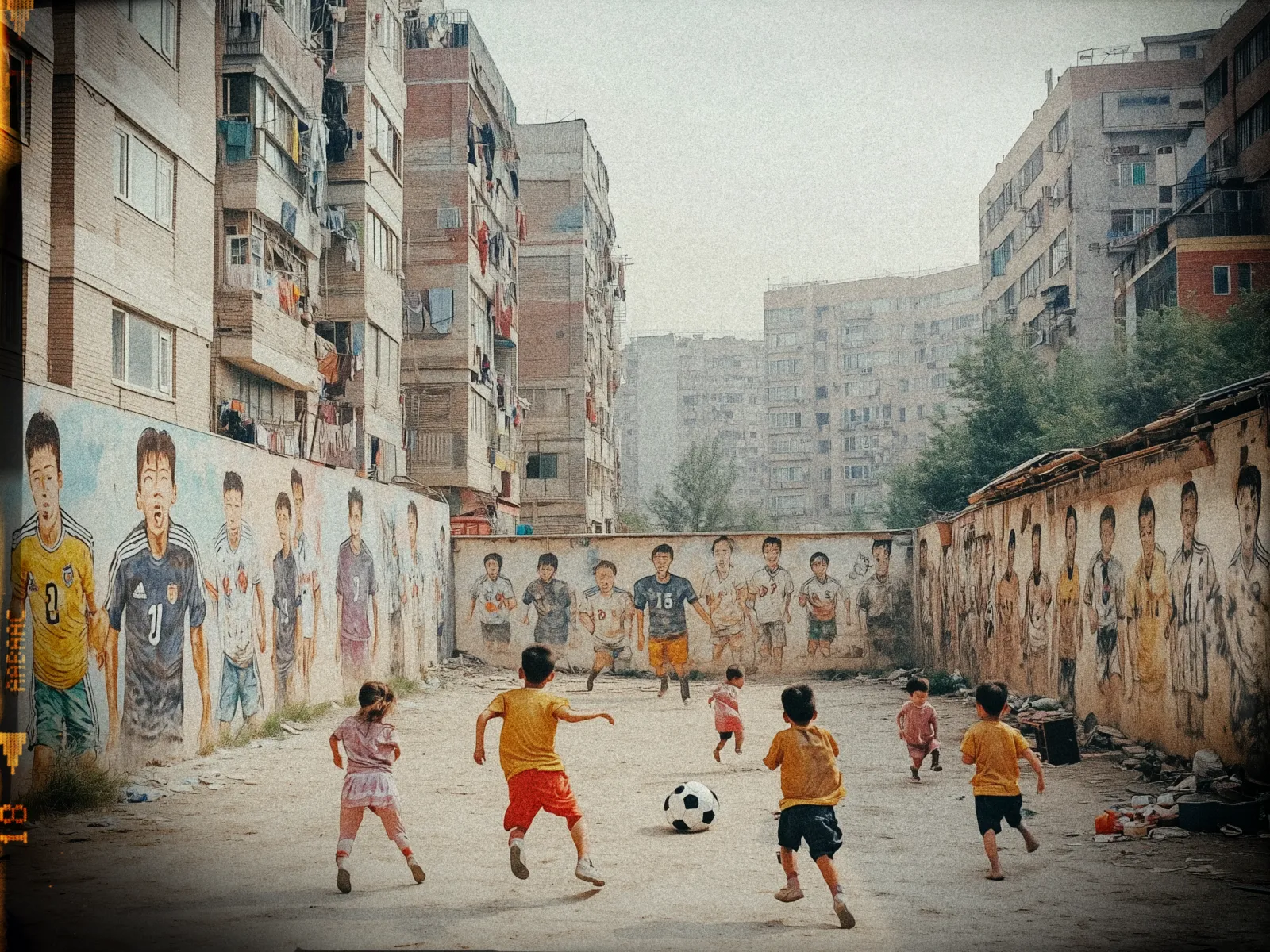 A group of six children play soccer in a small, dusty courtyard surrounded by towering, worn-out apartment buildings. The children, wearing casual shorts and T-shirts, chase a black-and-white soccer ball. The walls encircling the courtyard are vibrantly painted with large murals depicting famous soccer players in action poses. The background shows rows of apartment buildings adorned with balconies, some draped with hanging laundry. The scene conveys a lively and playful atmosphere amid an urban setting.